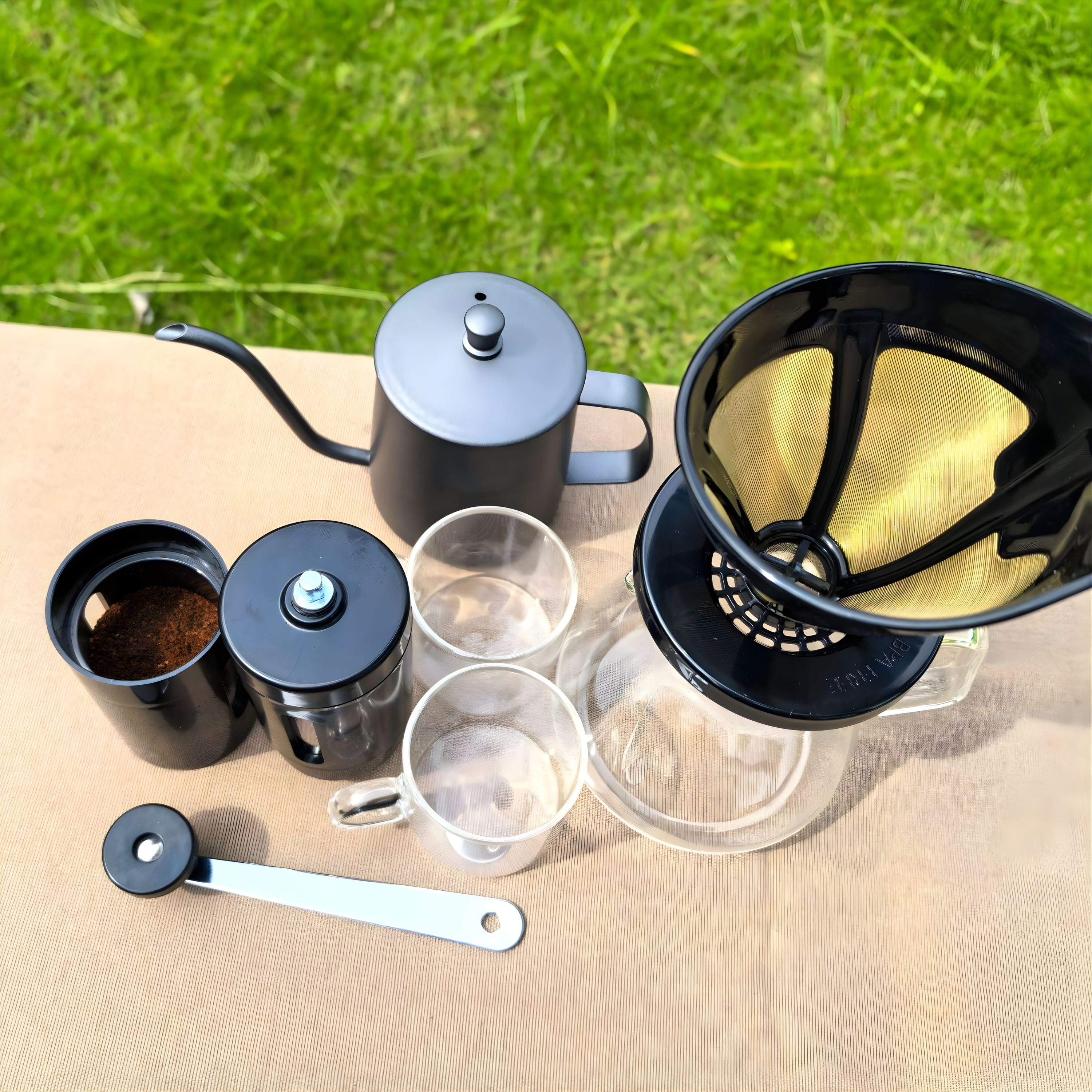 Kitcheniva All-in-One Pour-Over Coffee Brewing Set with Manual Grinder, Gooseneck Kettle, Glass Carafe, Dripper & Cups