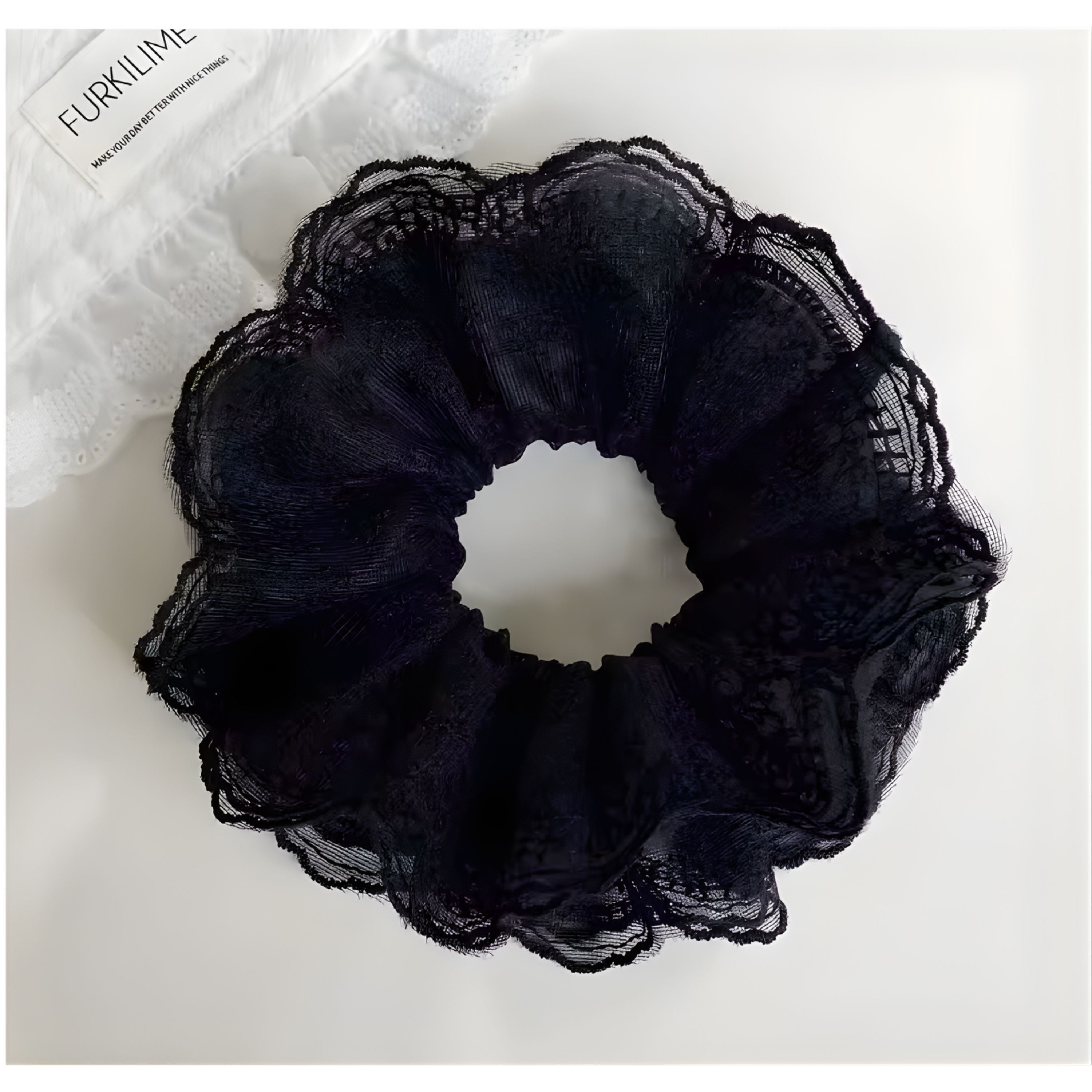 Kitcheniva Large Embroidered Lace Scrunchie 1 Pcs, Black