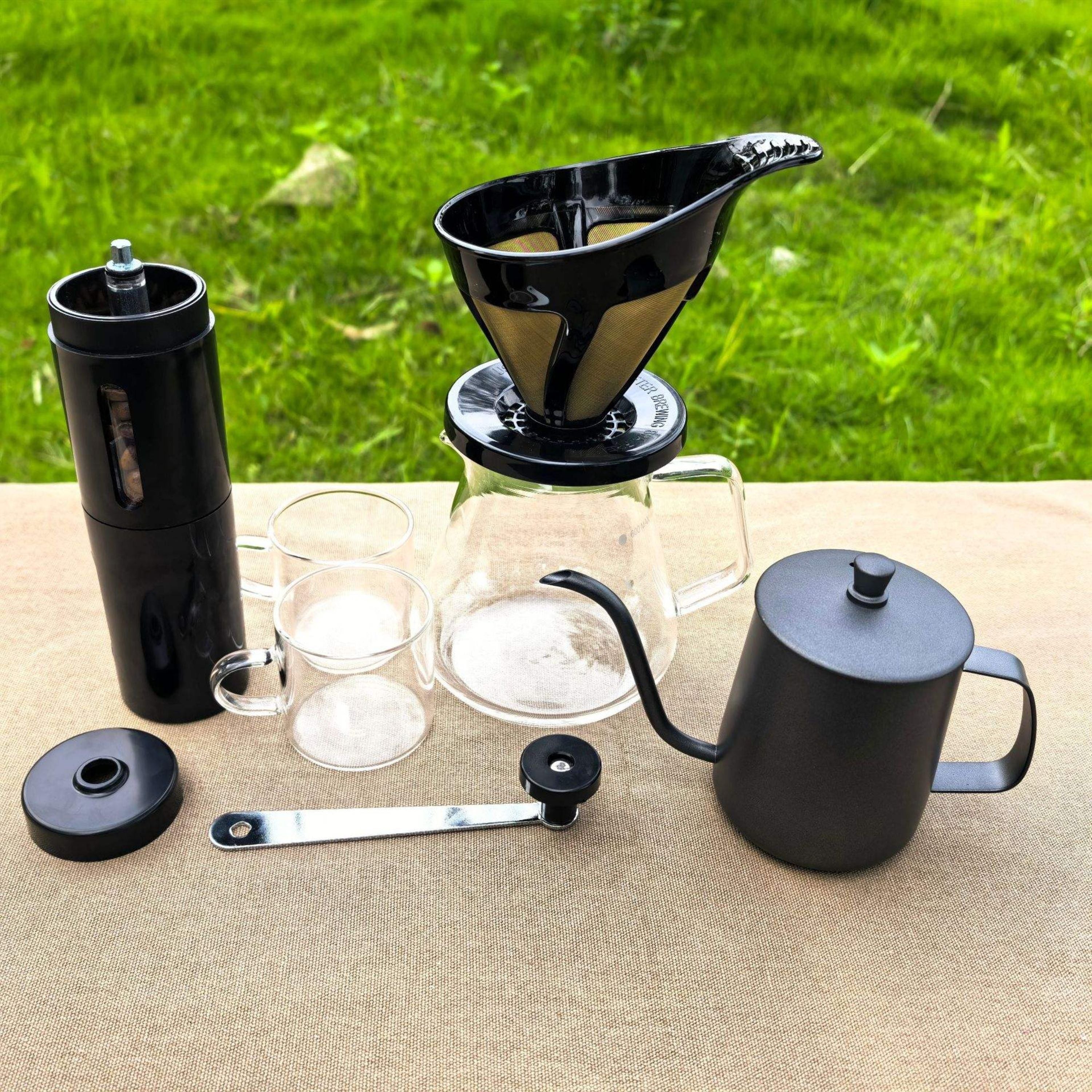 Kitcheniva All-in-One Pour-Over Coffee Brewing Set with Manual Grinder, Gooseneck Kettle, Glass Carafe, Dripper & Cups