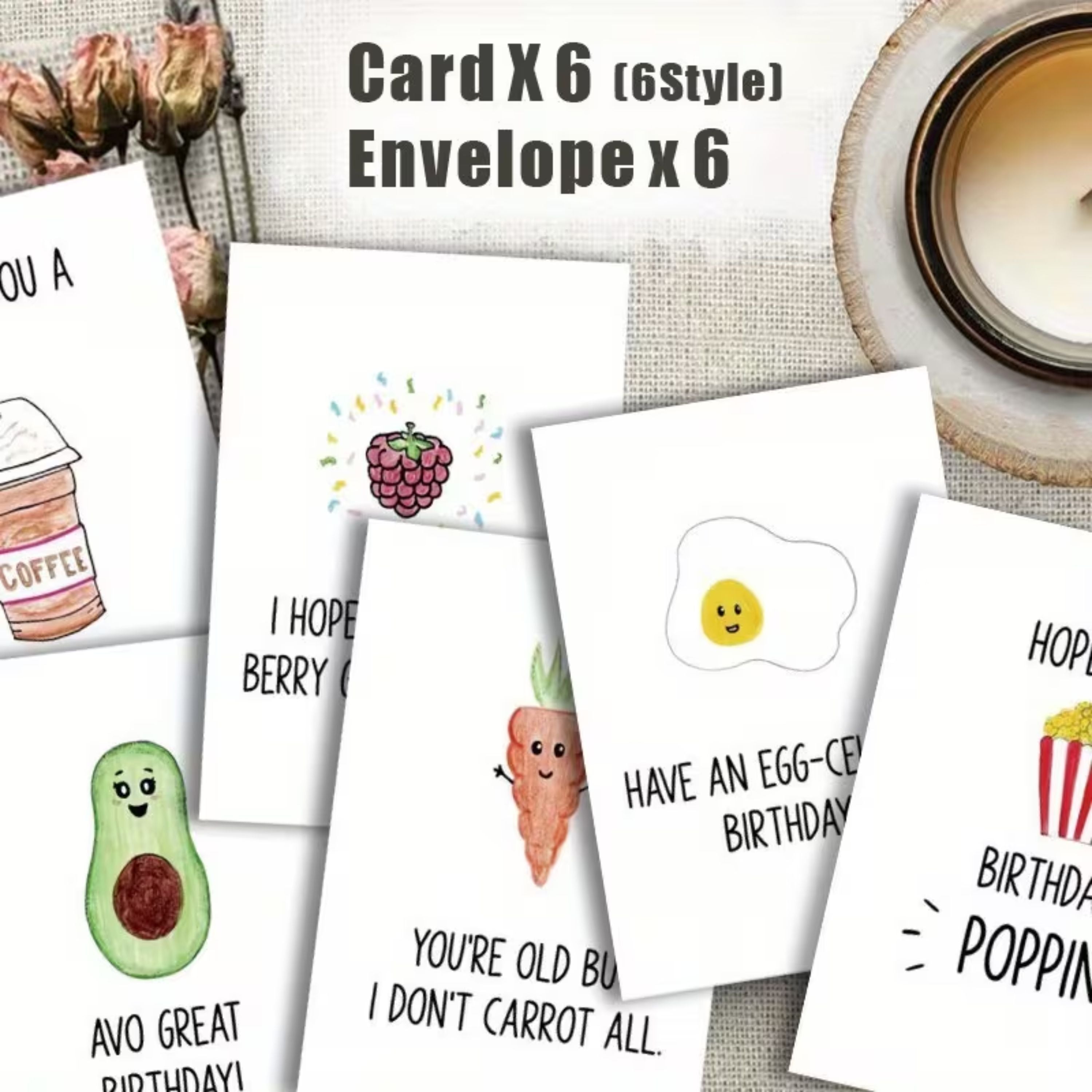 Kitcheniva 6 Pack Funny Food Birthday Cards with Envelopes, (3.5x5 In, Blank Inside)