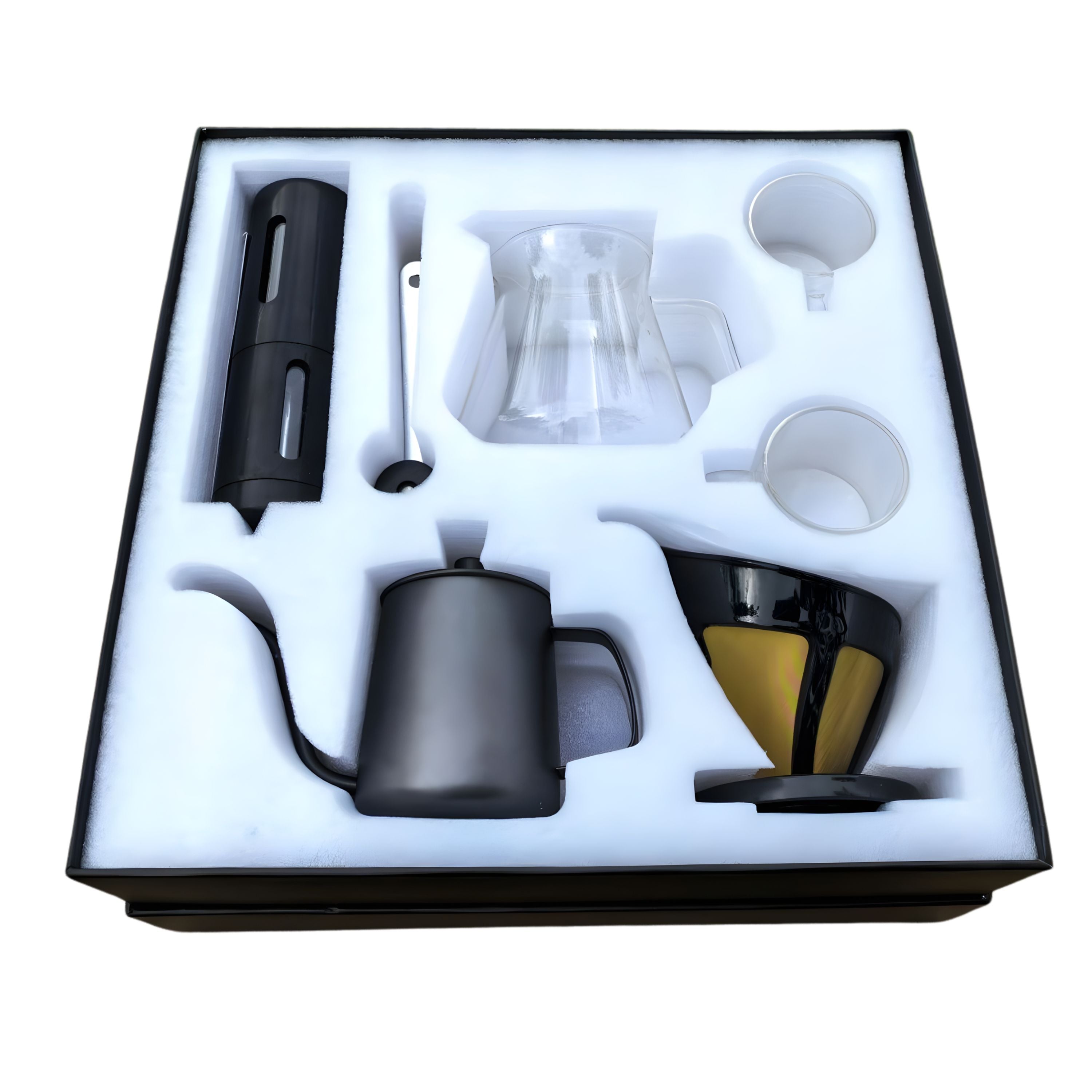 Kitcheniva All-in-One Pour-Over Coffee Brewing Set with Manual Grinder, Gooseneck Kettle, Glass Carafe, Dripper & Cups