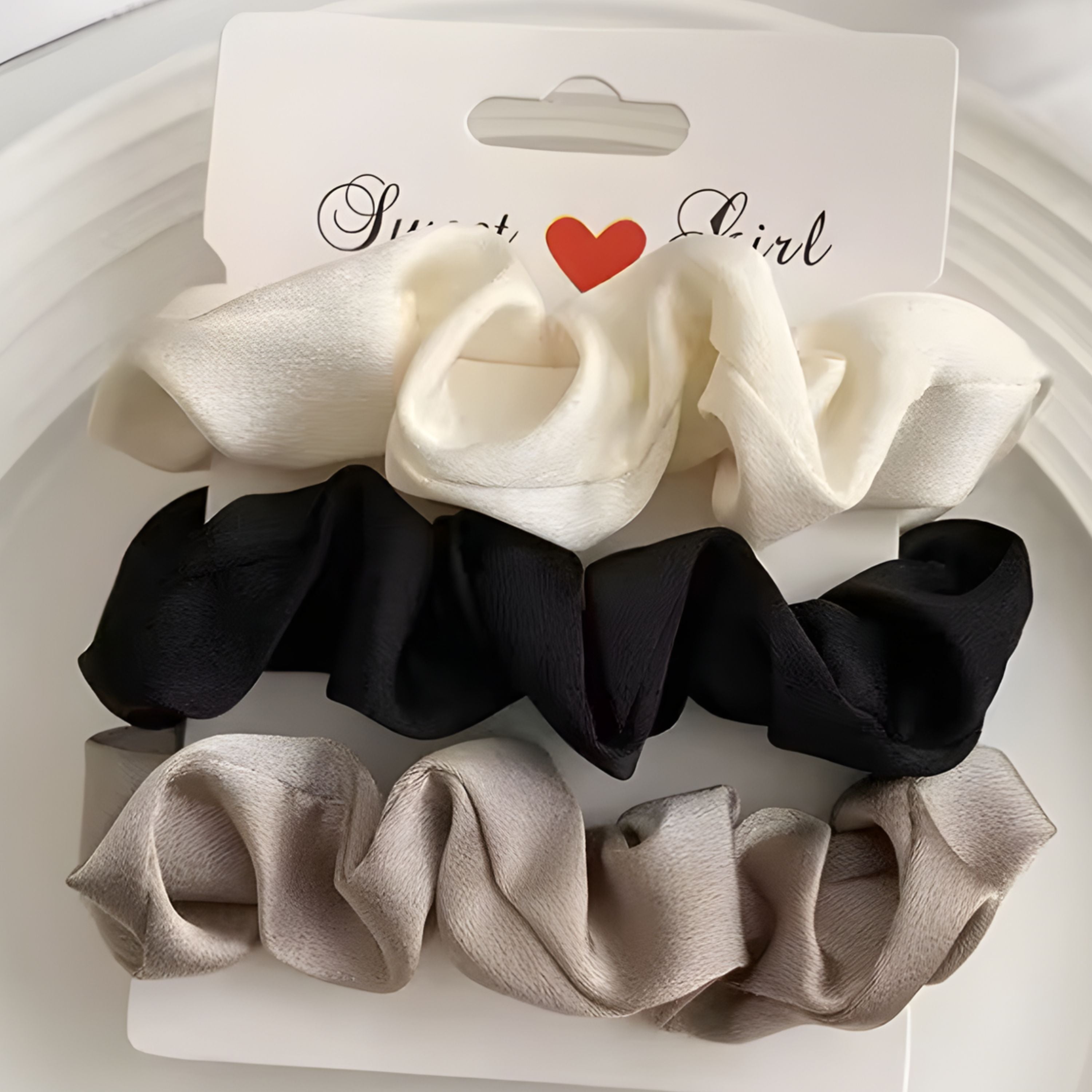Kitcheniva Silky Satin Scrunchies 3 Pcs - White, Black, Beige
