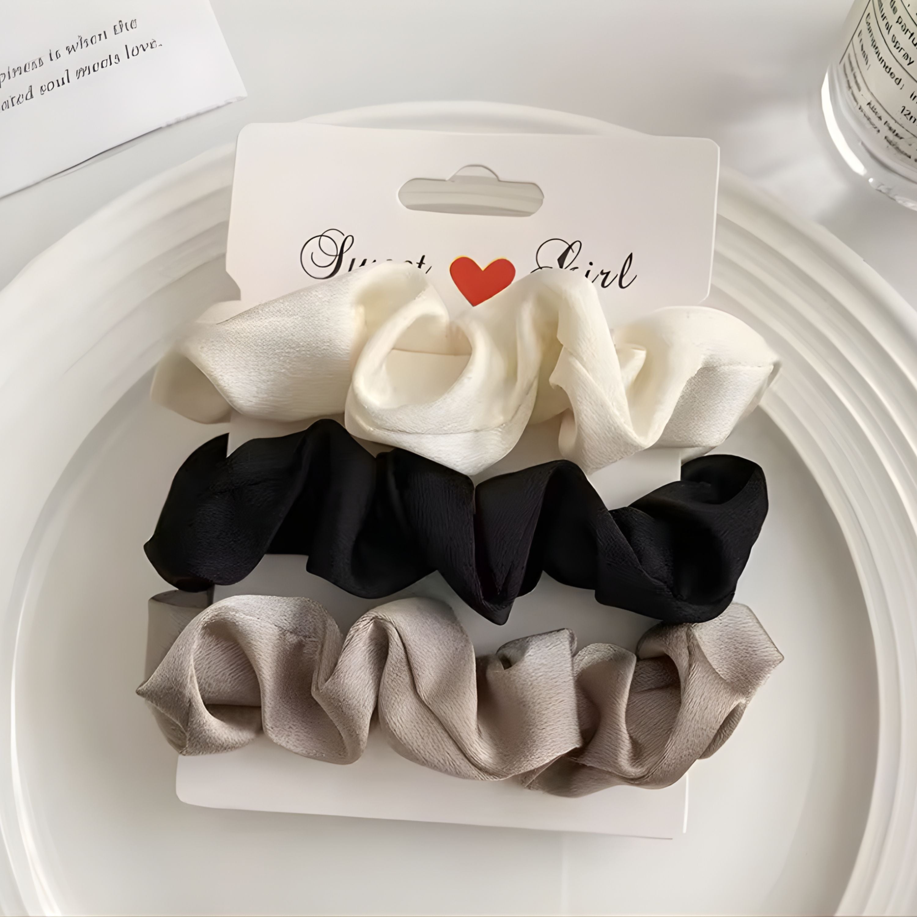 Kitcheniva Silky Satin Scrunchies 3 Pcs - White, Black, Beige