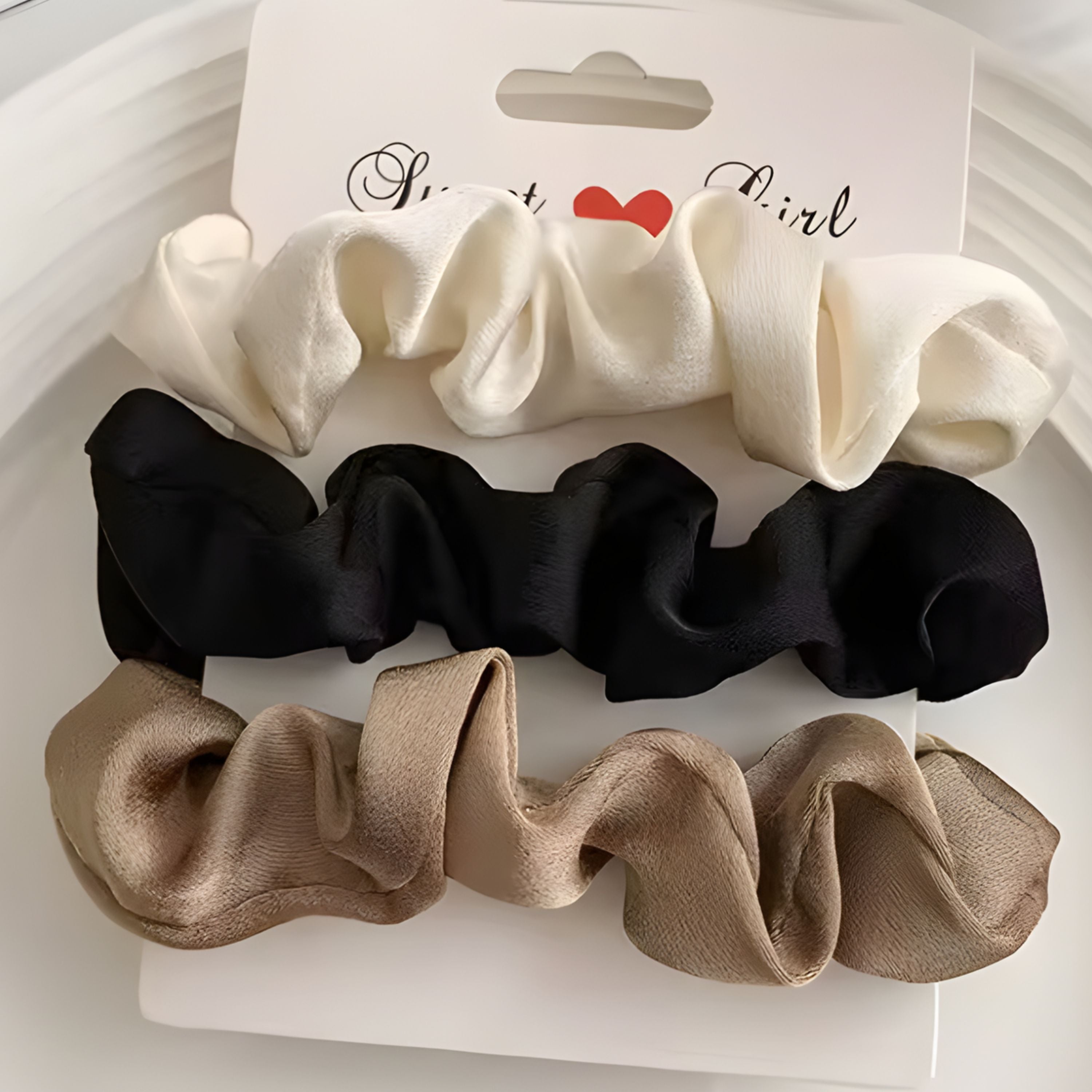 Kitcheniva Silky Satin Scrunchies 3 Pcs - White, Black, Light Brown