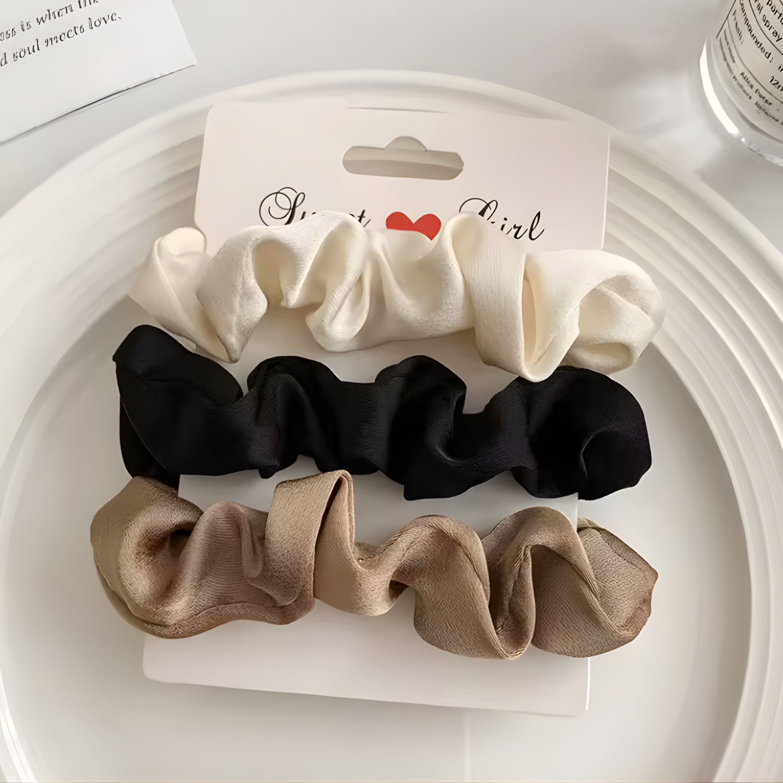 Kitcheniva Silky Satin Scrunchies 3 Pcs - White, Black, Light Brown