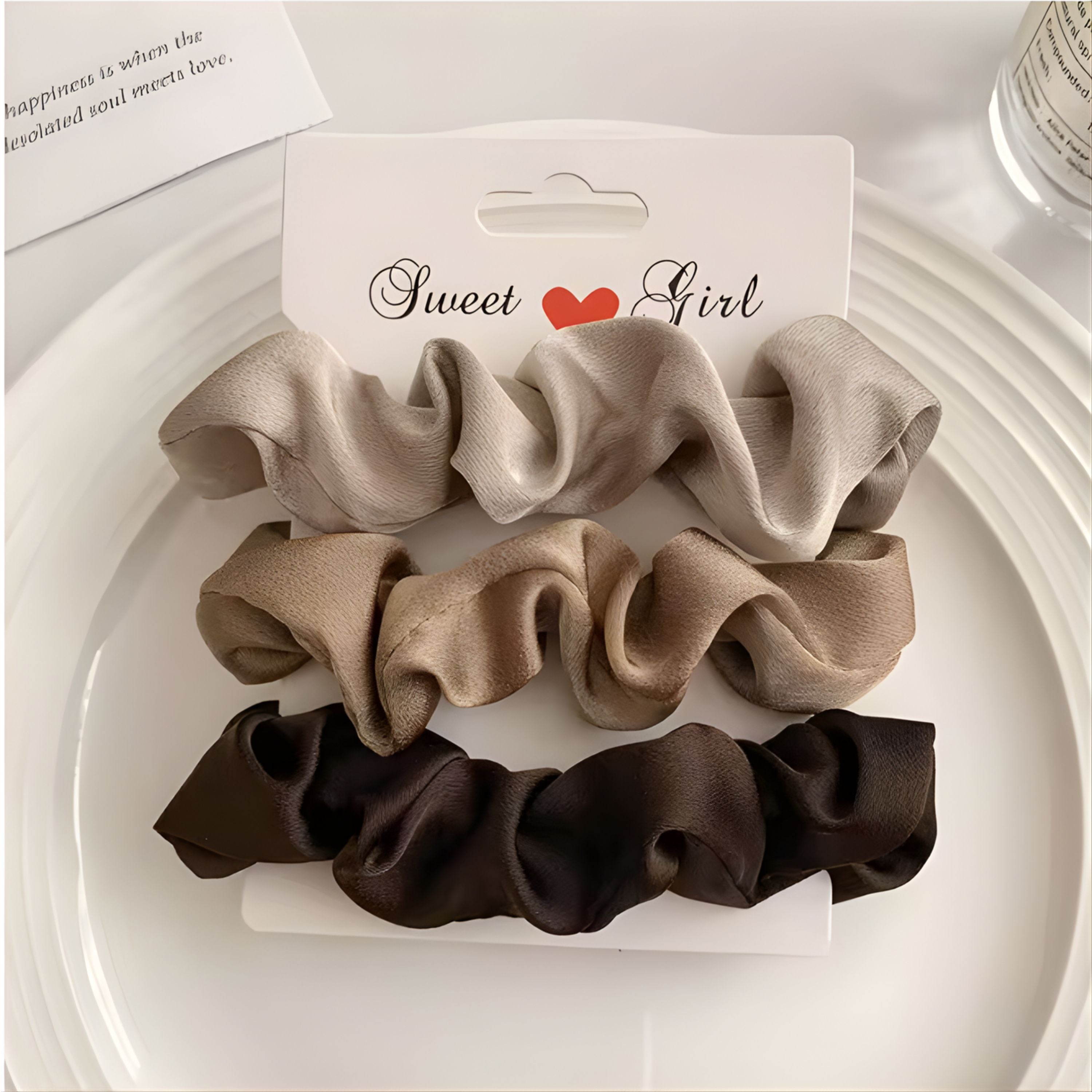 Kitcheniva Silky Satin Scrunchies 3 Pcs - Beige, Light Brown, Brown