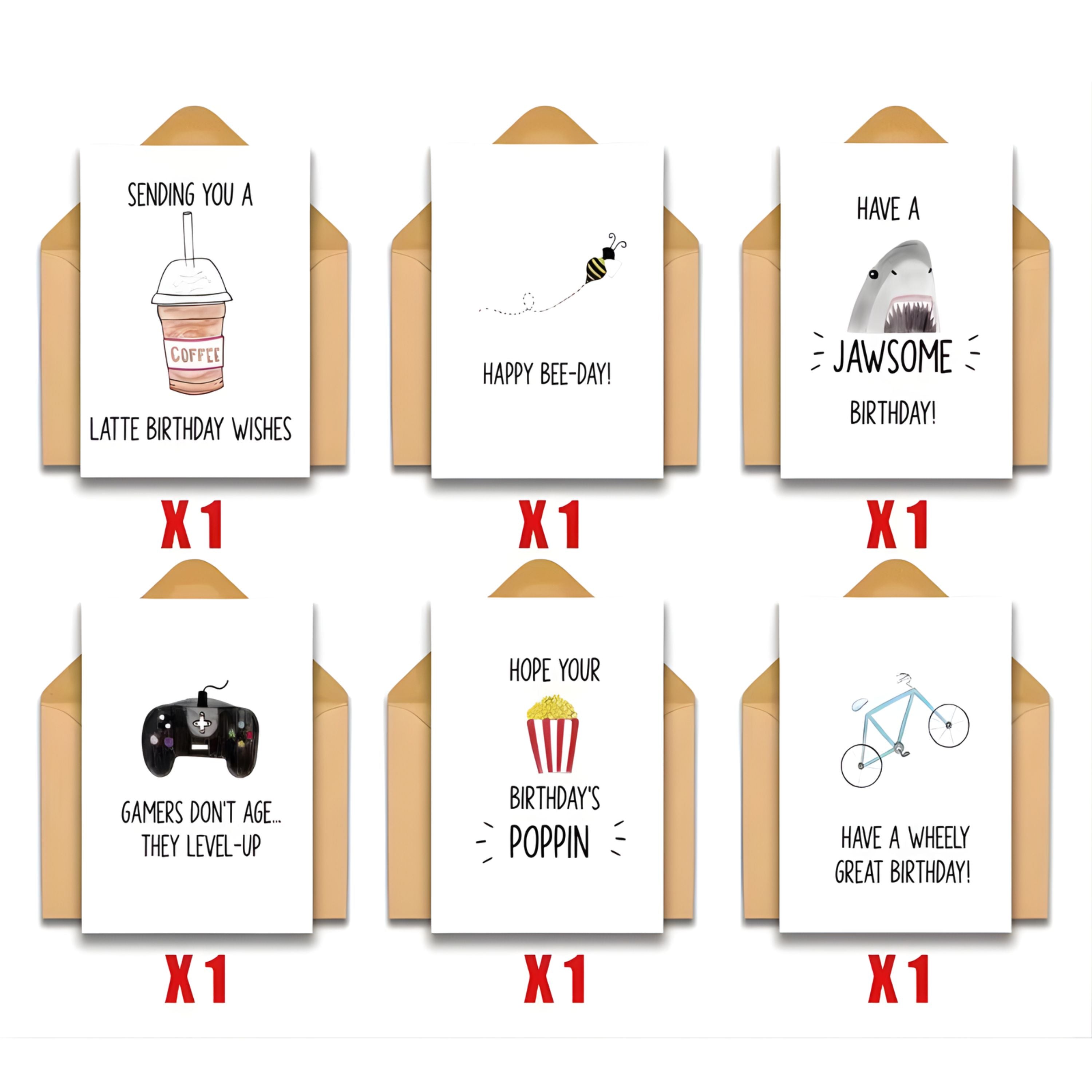 Kitcheniva 6 Pack Humorous Assorted Birthday Cards with Envelopes, (3.5x5 In, Blank Inside)