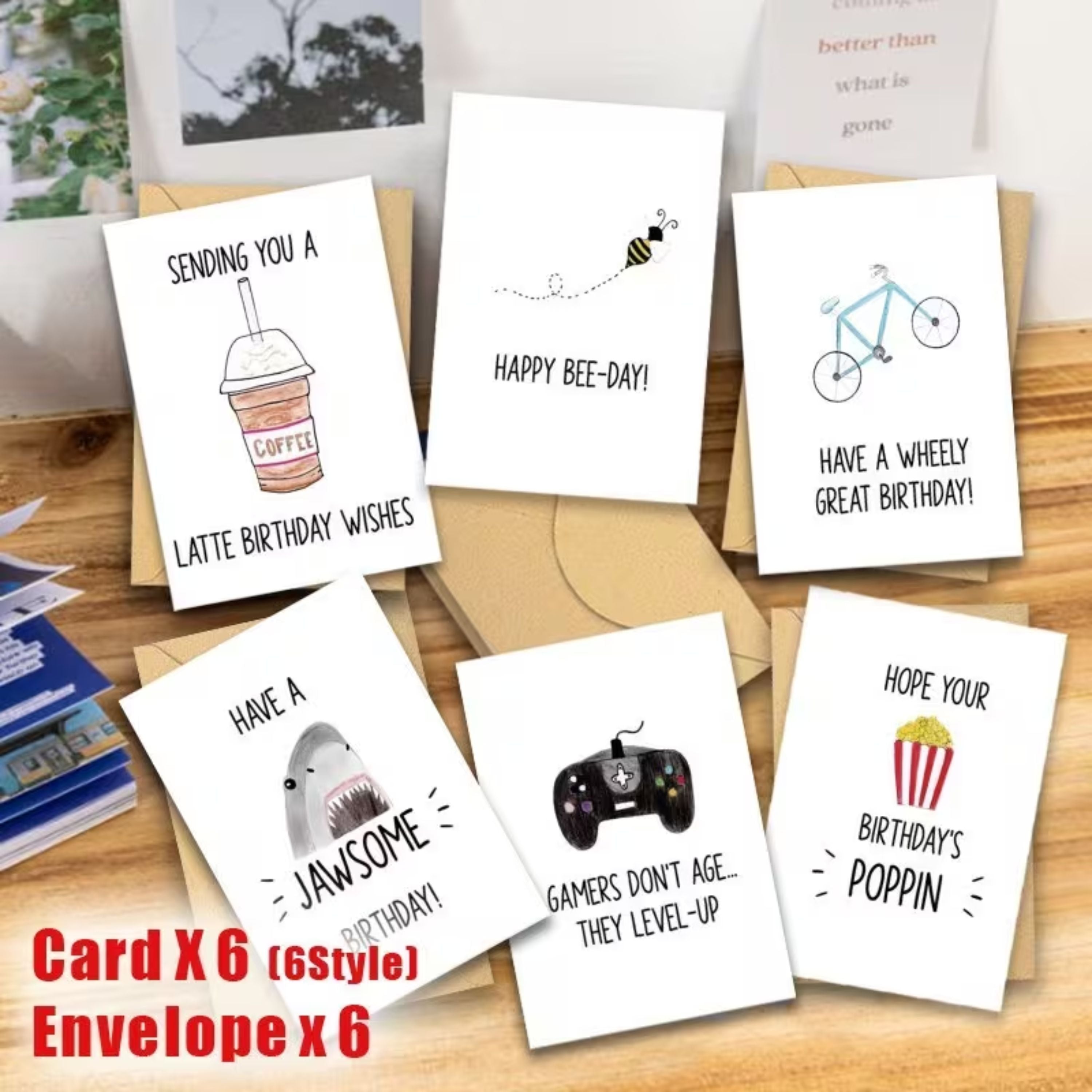Kitcheniva 6 Pack Humorous Assorted Birthday Cards with Envelopes, (3.5x5 In, Blank Inside)