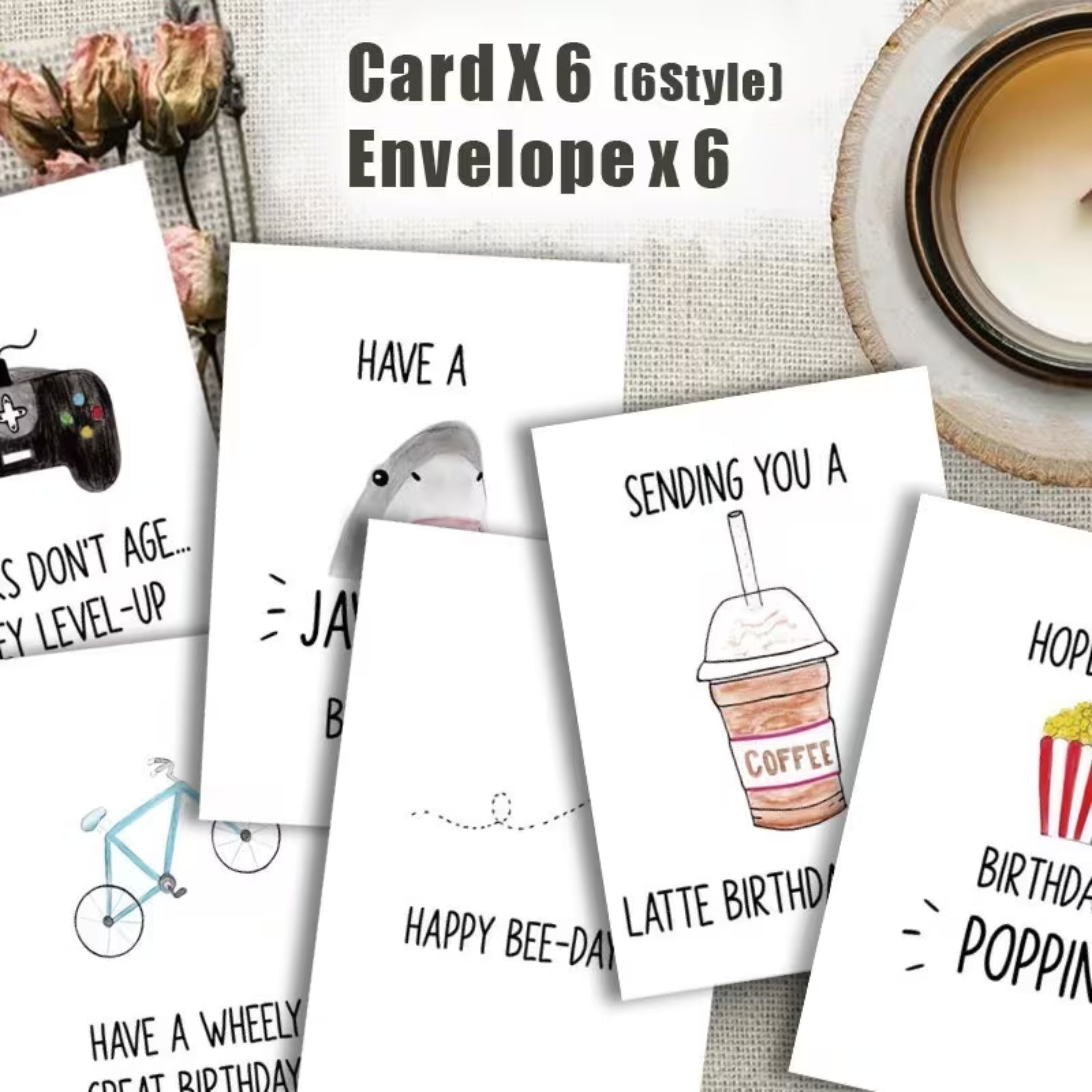 Kitcheniva 6 Pack Humorous Assorted Birthday Cards with Envelopes, (3.5x5 In, Blank Inside)