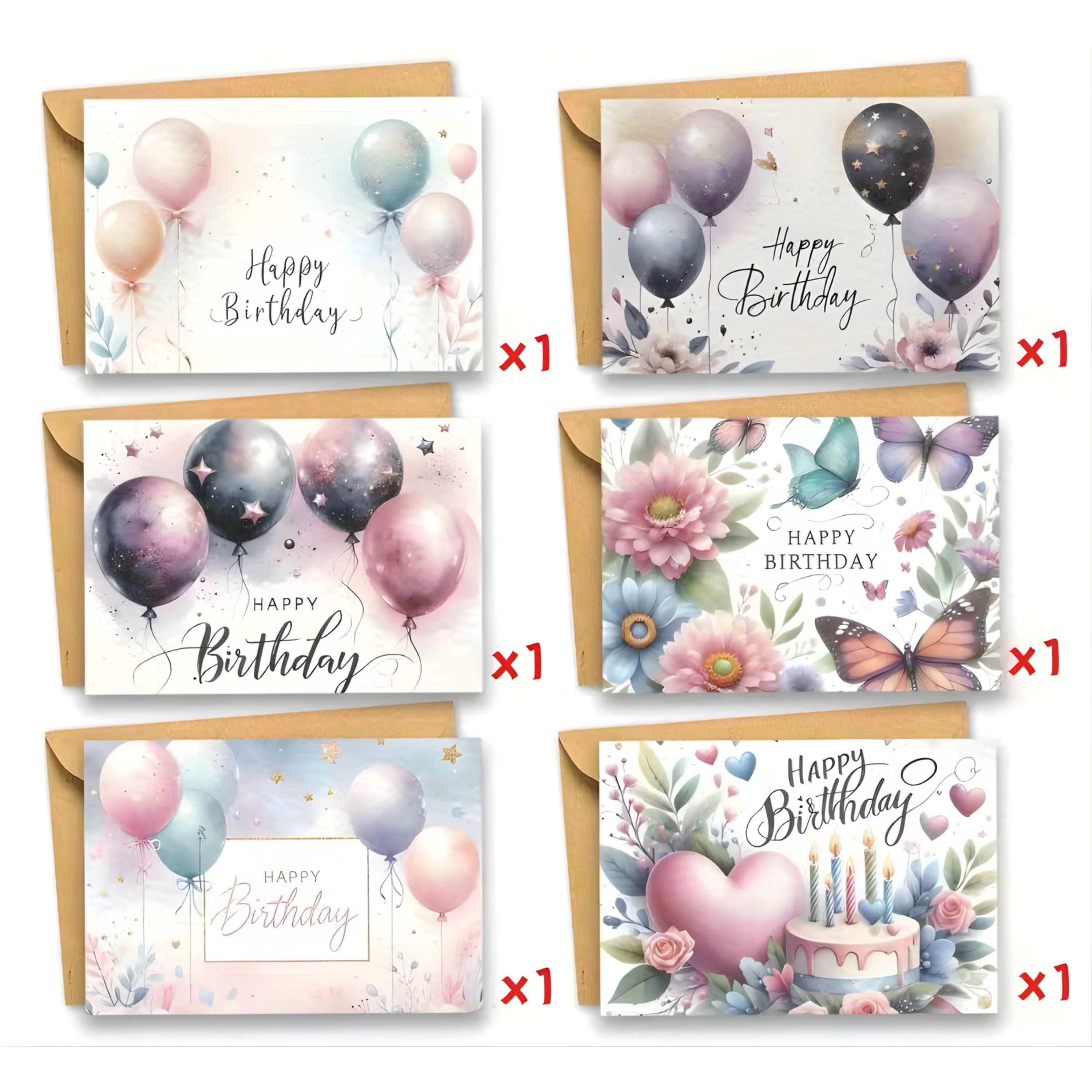 Kitcheniva 6 Pack Watercolor Floral and Butterfly Birthday Cards with Envelopes, (5x3.5 In, Blank Inside)