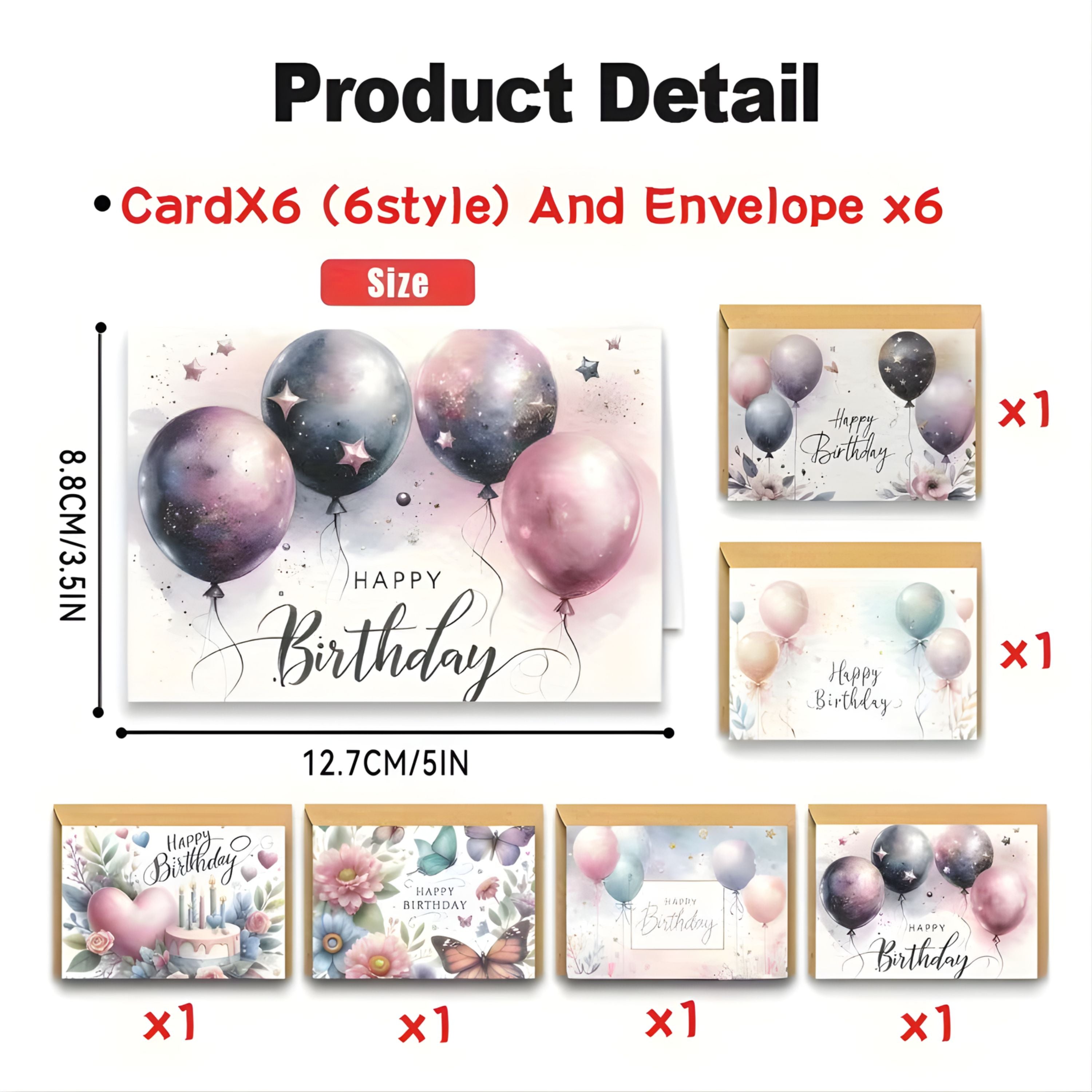 Kitcheniva 6 Pack Watercolor Floral and Butterfly Birthday Cards with Envelopes, (5x3.5 In, Blank Inside)
