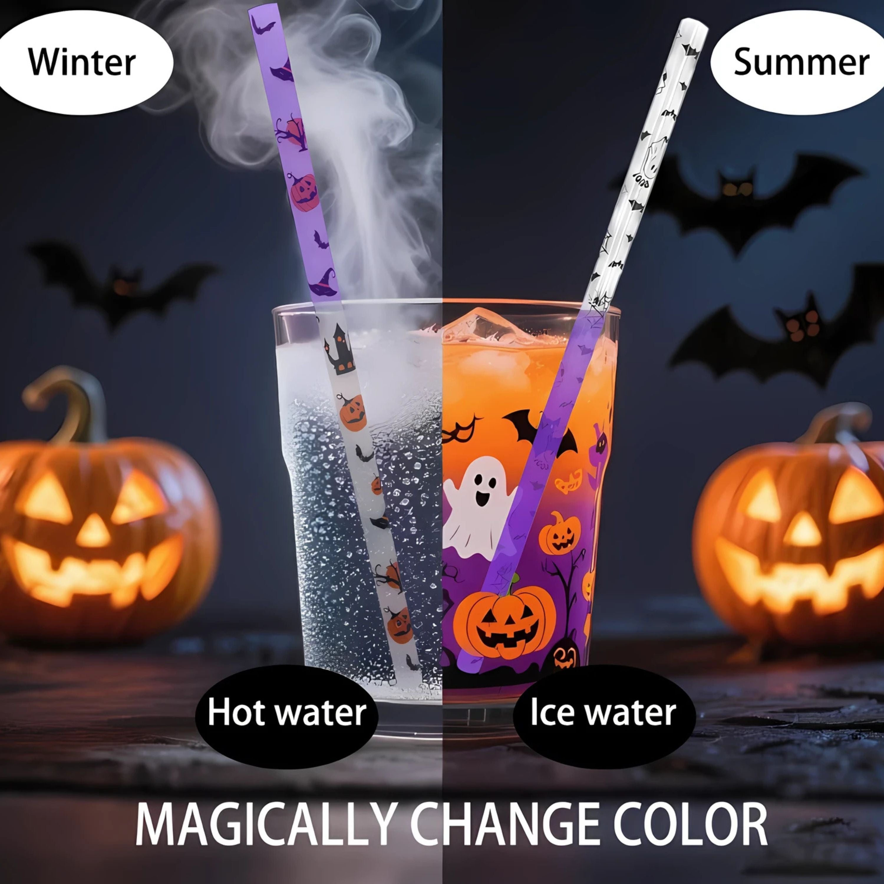 Kitcheniva Halloween Color-Changing Reusable Straws – Durable Plastic for Cold Drinks & Bar Use 12 Pcs