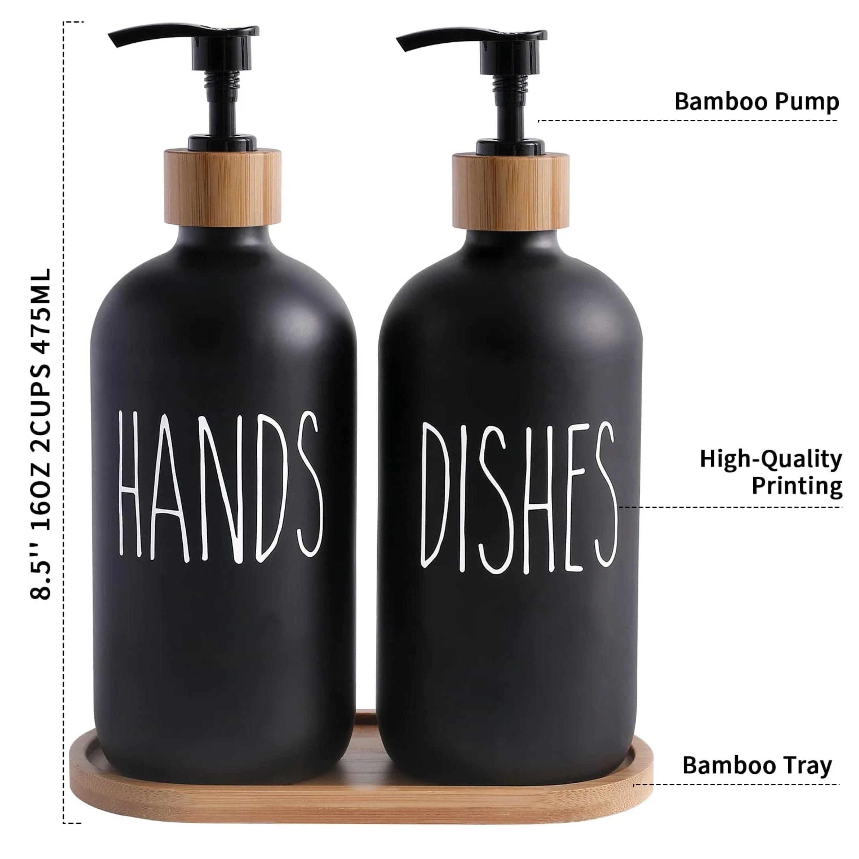 Kitcheniva Glass Soap Dispenser Set with Bamboo Tray - For Bathroom and Kitchen, Black