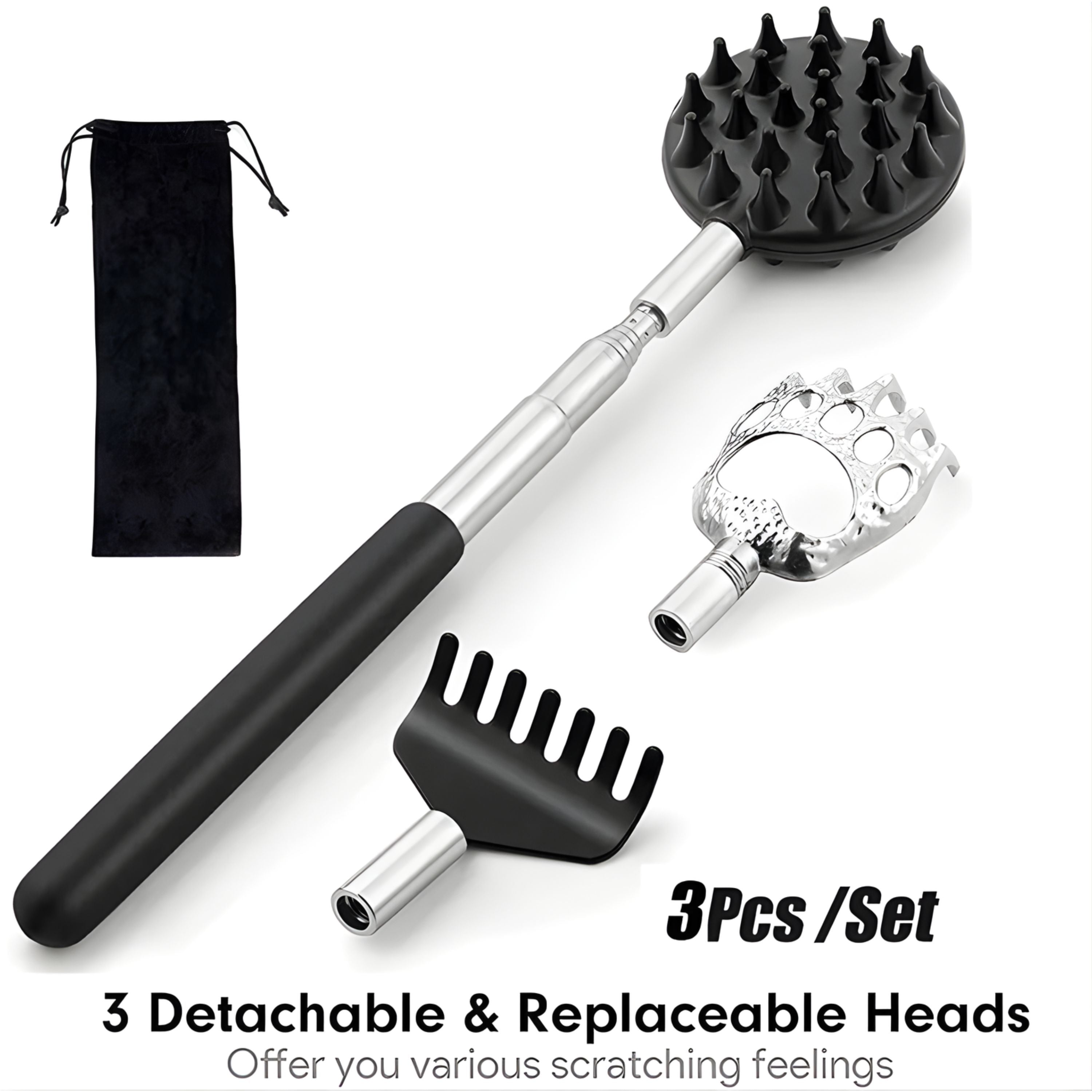 Kitcheniva Extendable Telescopic Back Scratcher with 3 Unique Heads and Carrying Bag
