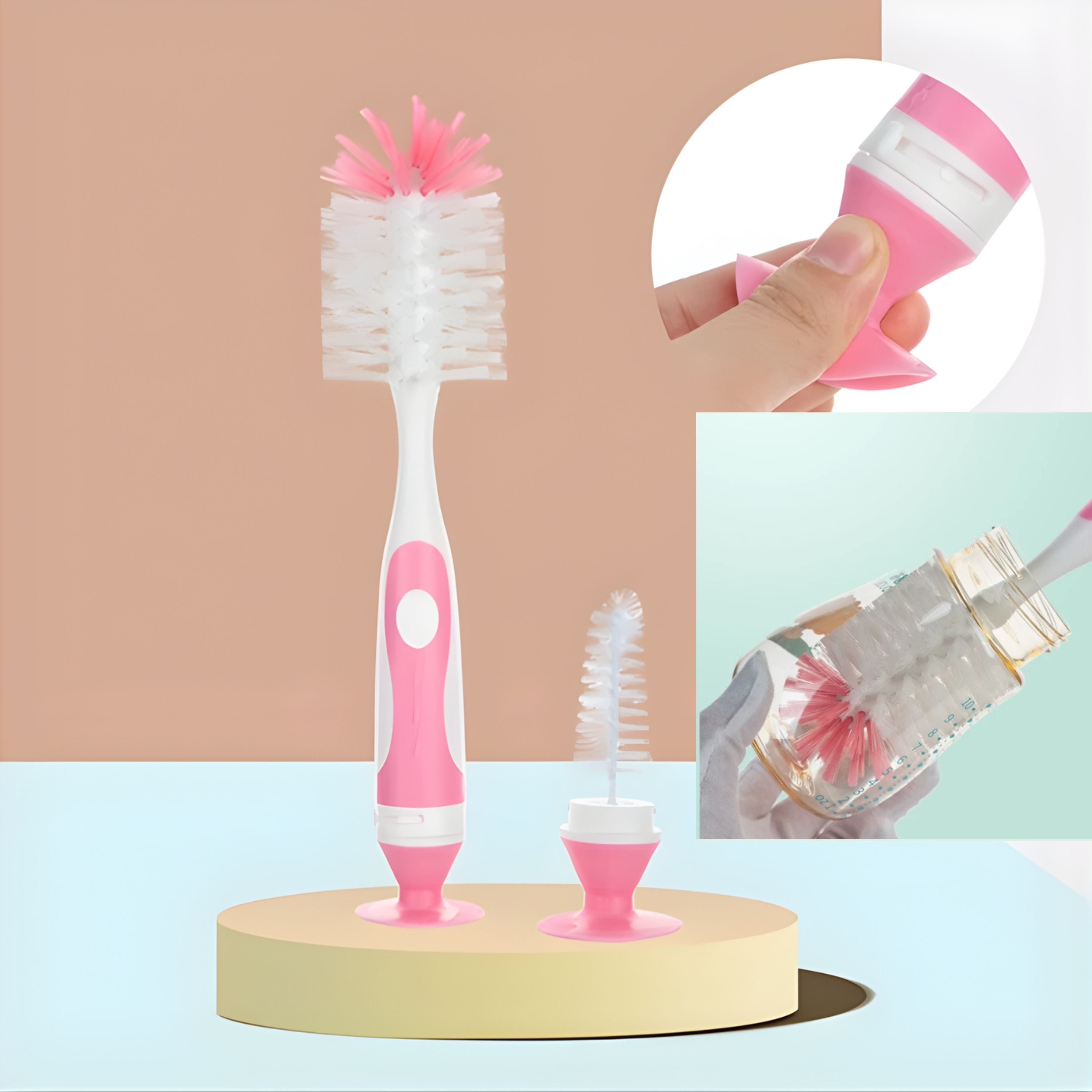 Kitcheniva Nylon Baby Bottle Cleaning Brush with Suction Cup Stand, Pink - Built-In Twist-Off Nipple & Teat Cleaner