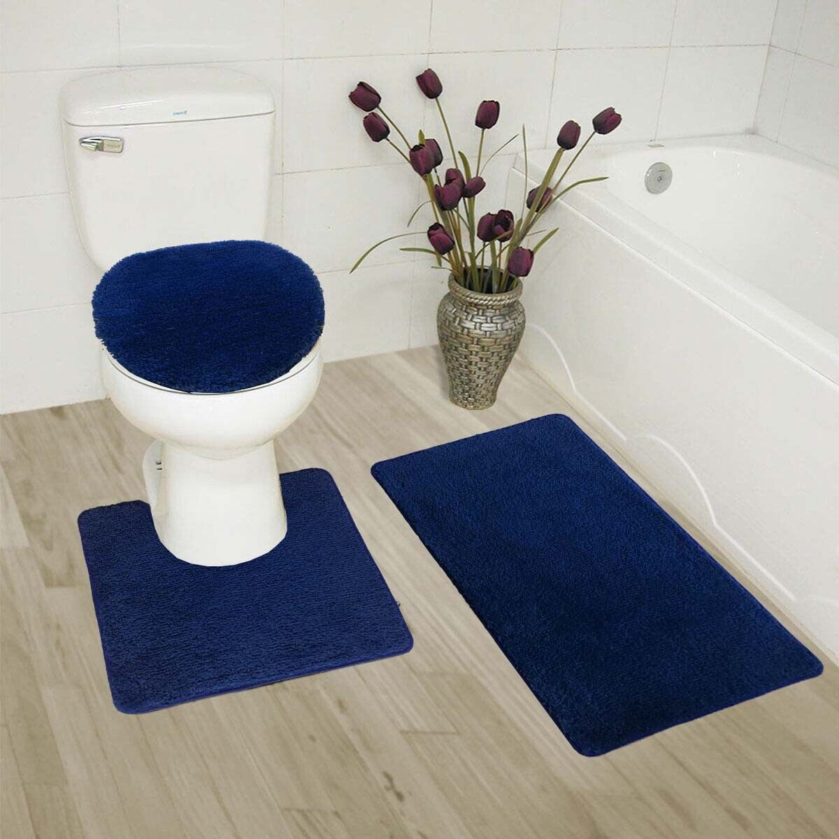 Kitcheniva 3-Piece Blue Bathroom Bath Mat Rug Set with Toilet Lid Cover Non-Slip