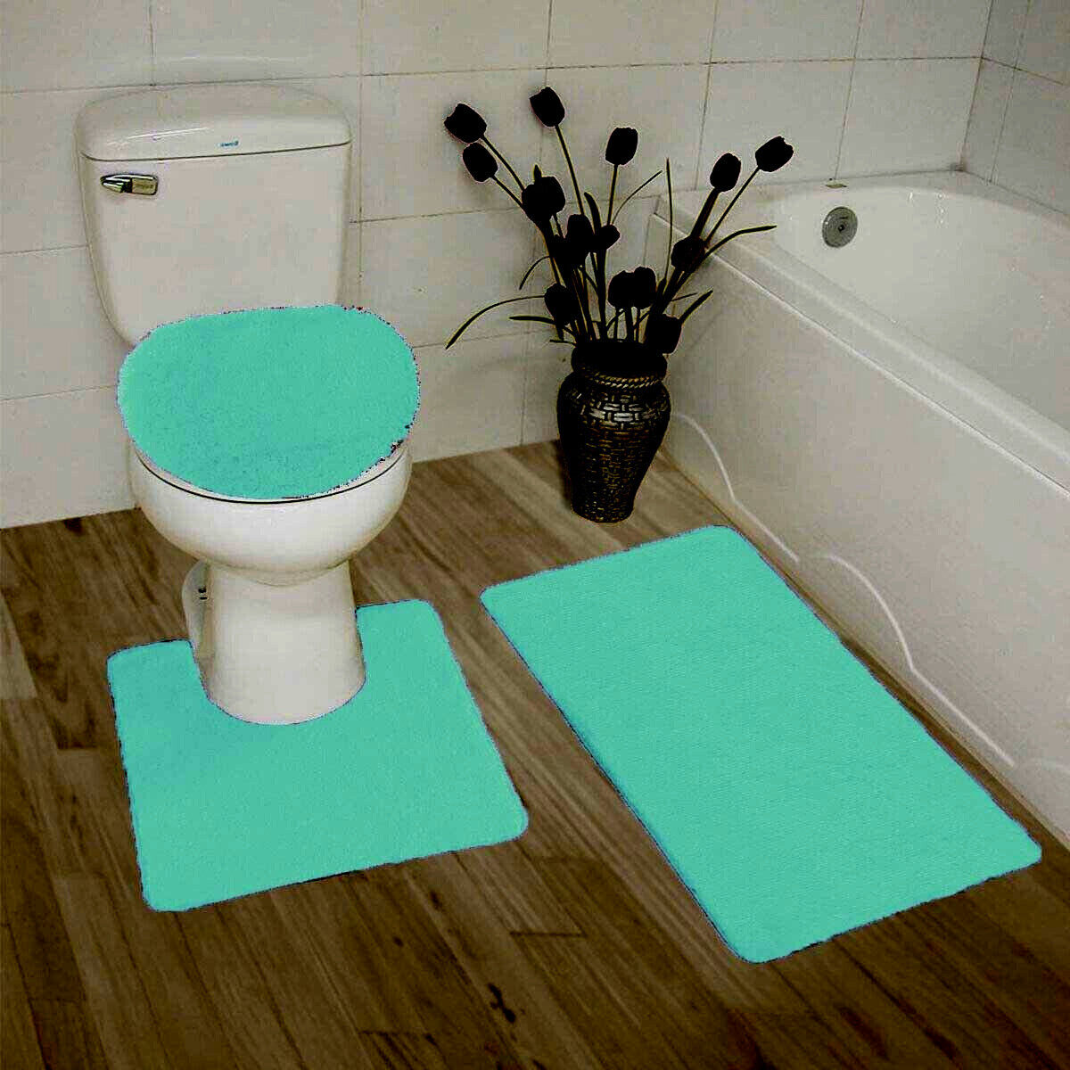 Kitcheniva 3-Piece Blue Bathroom Bath Mat Rug Set with Toilet Lid Cover Non-Slip