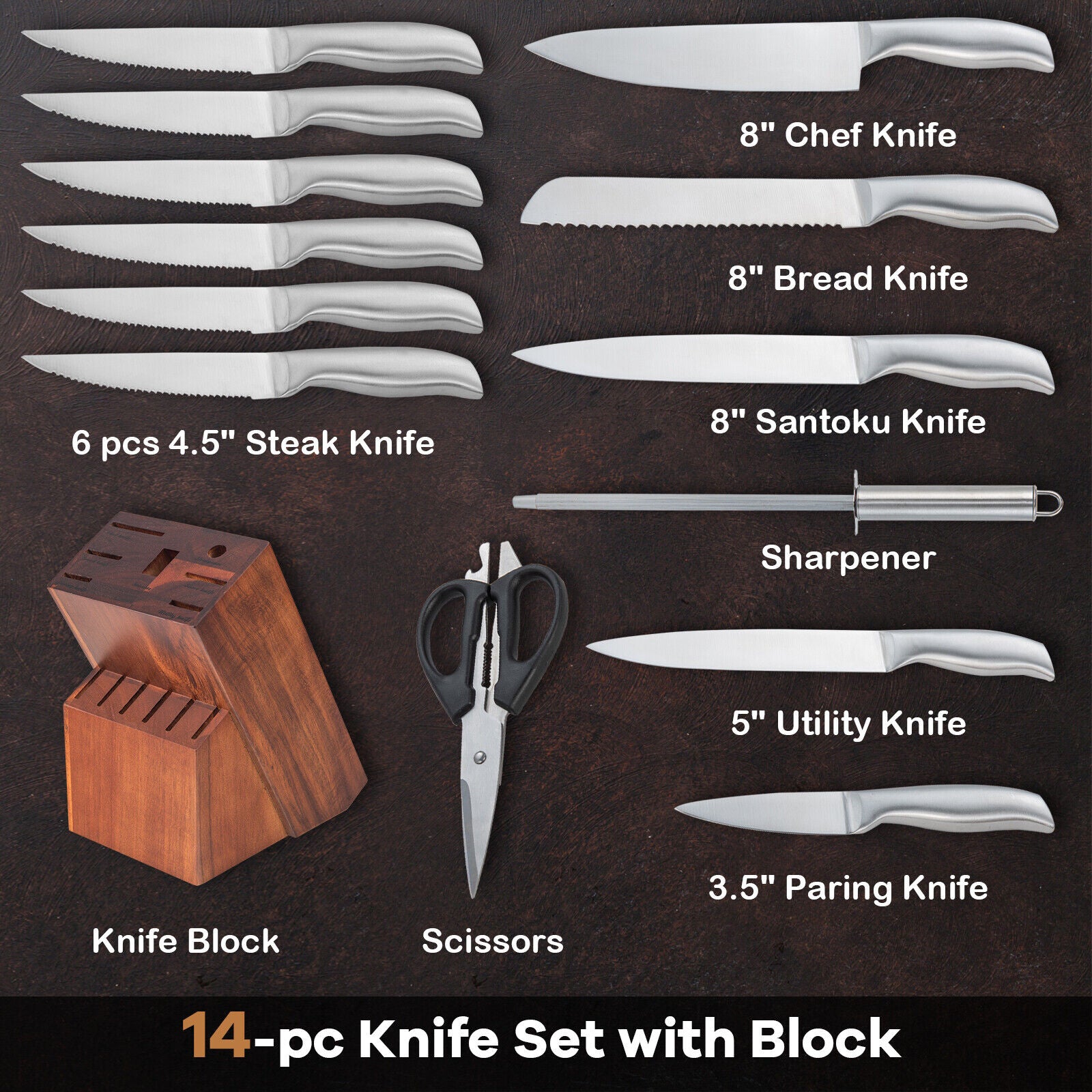 Kitcheniva Stainless Steel Versatile 14-Pcs Knife Set with Wooden Block