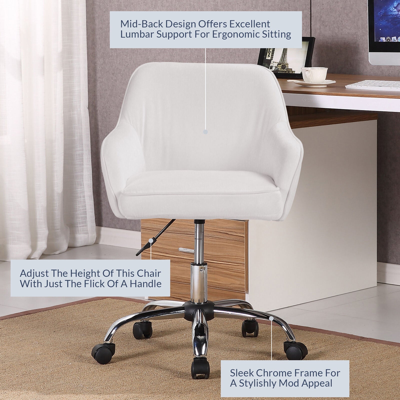 Modern Executive Desk Adjustable Swivel Height Velvet, White