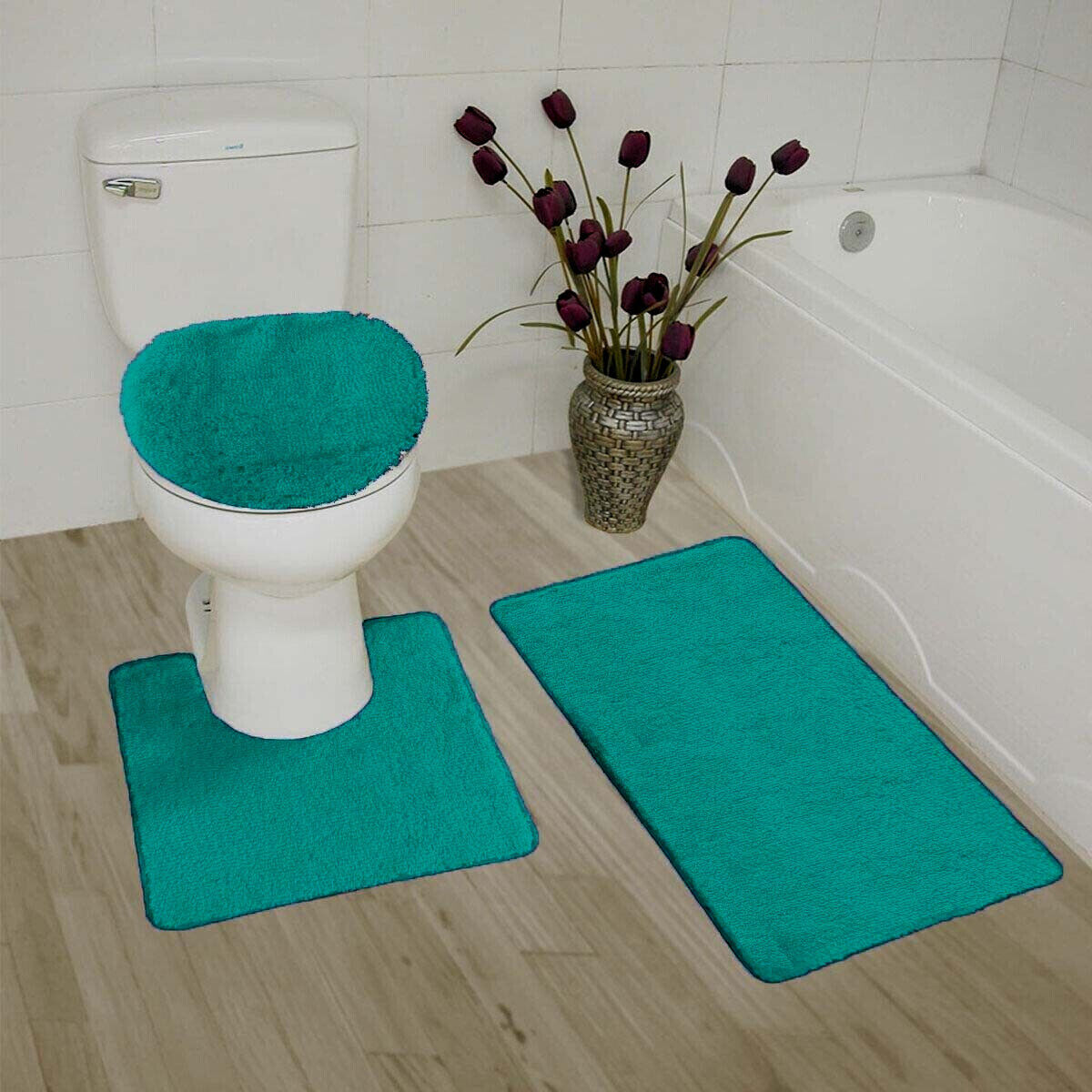 Kitcheniva 3-Piece Blue Bathroom Bath Mat Rug Set with Toilet Lid Cover Non-Slip