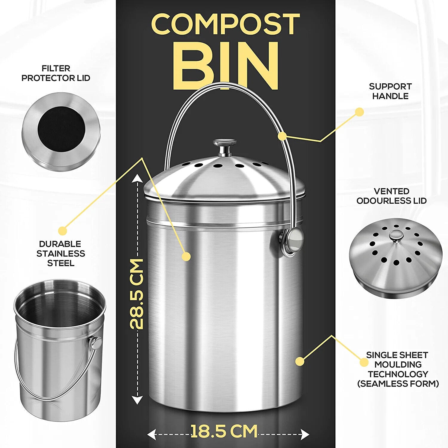 Kitcheniva Kitchen Compost Bin with Lid and 1.3 Gallon Compose Spare, Silver