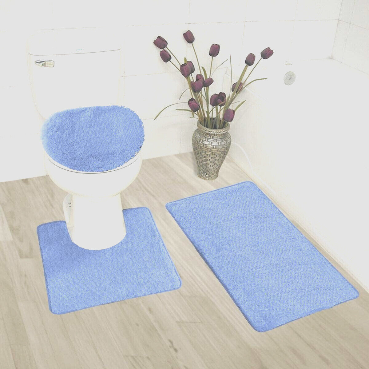 Kitcheniva 3-Piece Blue Bathroom Bath Mat Rug Set with Toilet Lid Cover Non-Slip