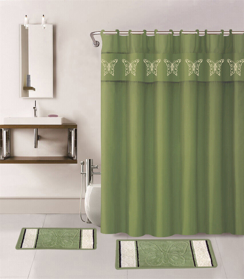 Windowtreatment 4-Piece Set Bathroom Bath Mat Rug Shower Curtain 2-Tone