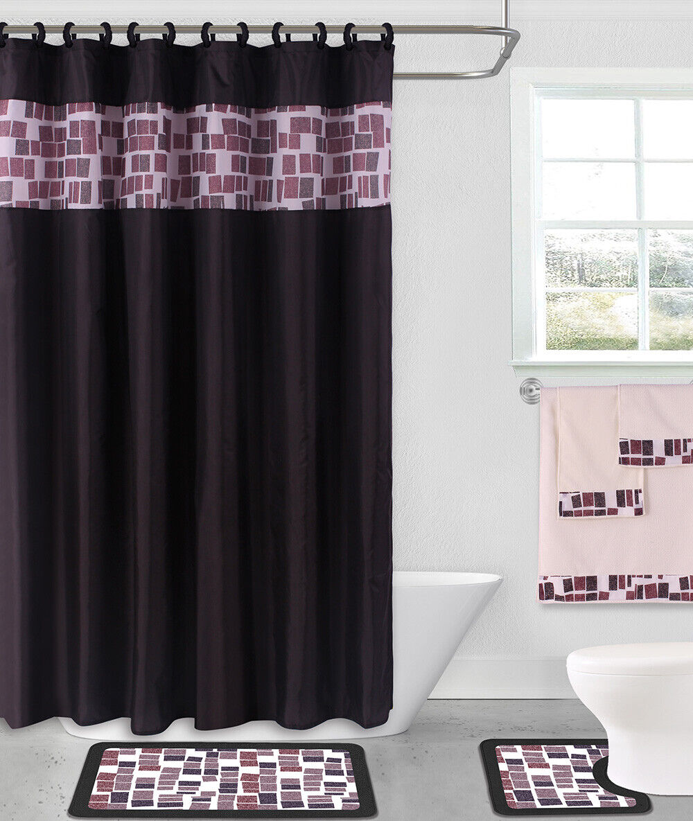 Windowtreatment 4-Piece Set Bathroom Bath Mat Rug Shower Curtain 2-Tone