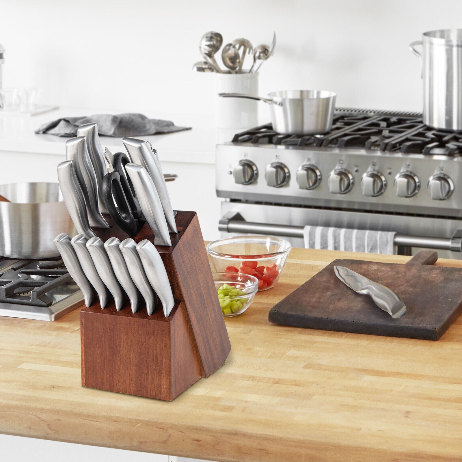 Kitcheniva Stainless Steel Versatile 14-Pcs Knife Set with Wooden Block