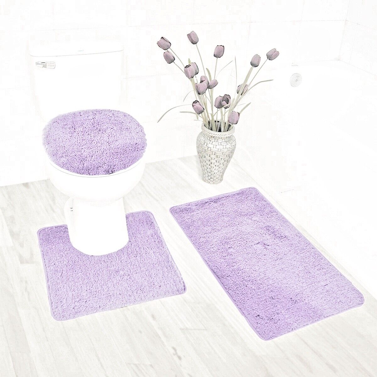 Kitcheniva 3-Piece Gray Bathroom Bath Mat Rug Set with Toilet Lid Cover Non-Slip