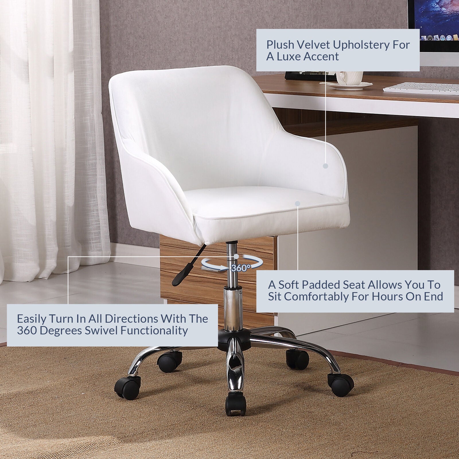 Modern Executive Desk Adjustable Swivel Height Velvet, White