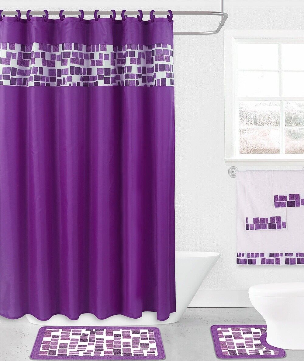 Windowtreatment 4-Piece Set Bathroom Bath Mat Rug Shower Curtain 2-Tone