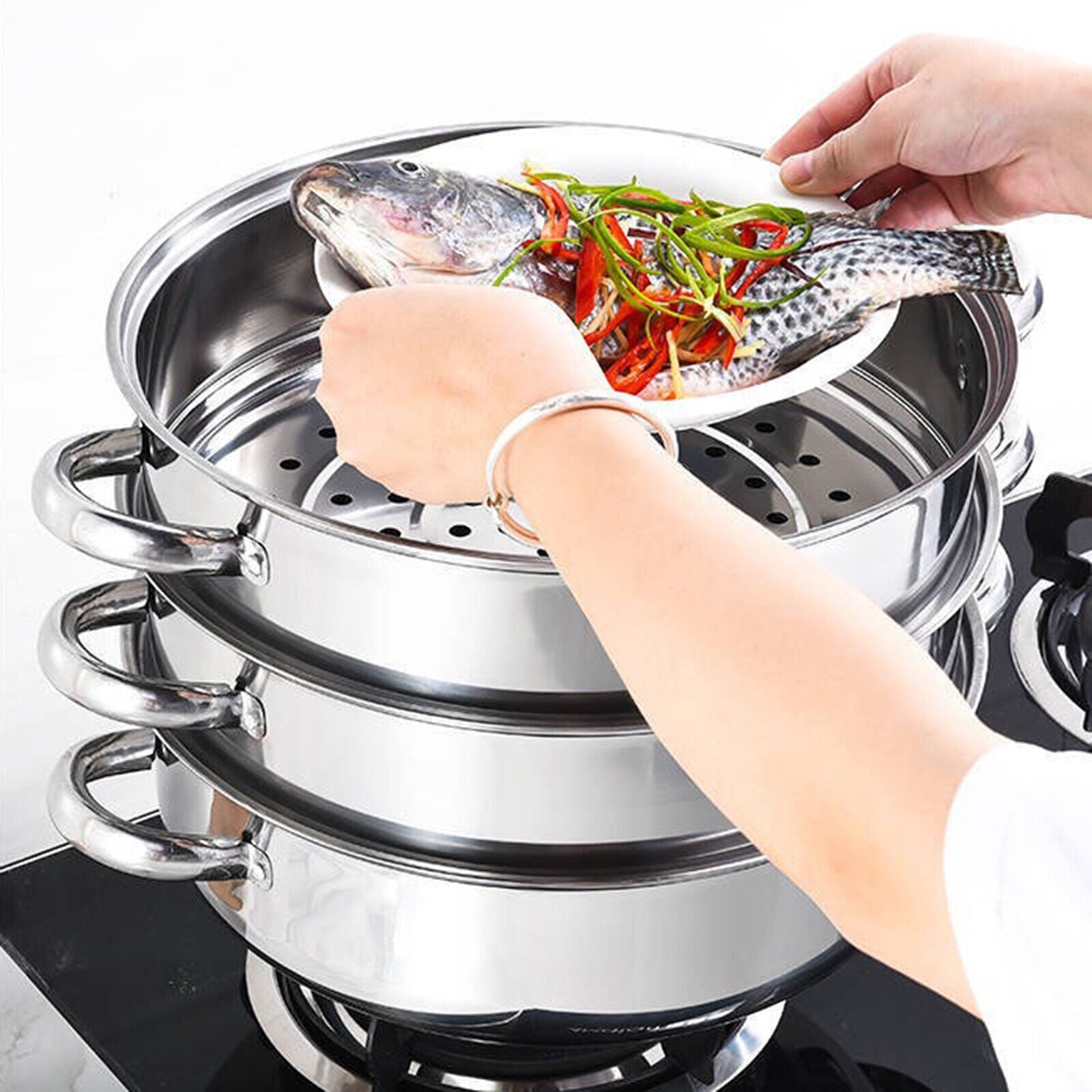 Kitcheniva Stainless Steel Food Steamer 3 Layer Round