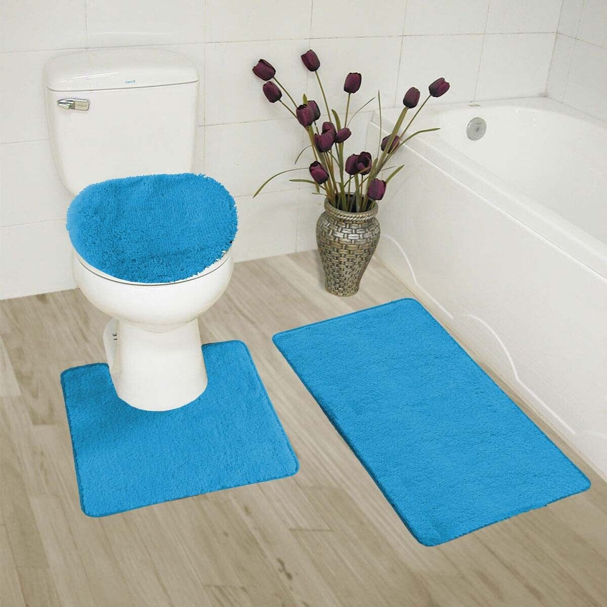 Kitcheniva 3-Piece Gray Bathroom Bath Mat Rug Set with Toilet Lid Cover Non-Slip