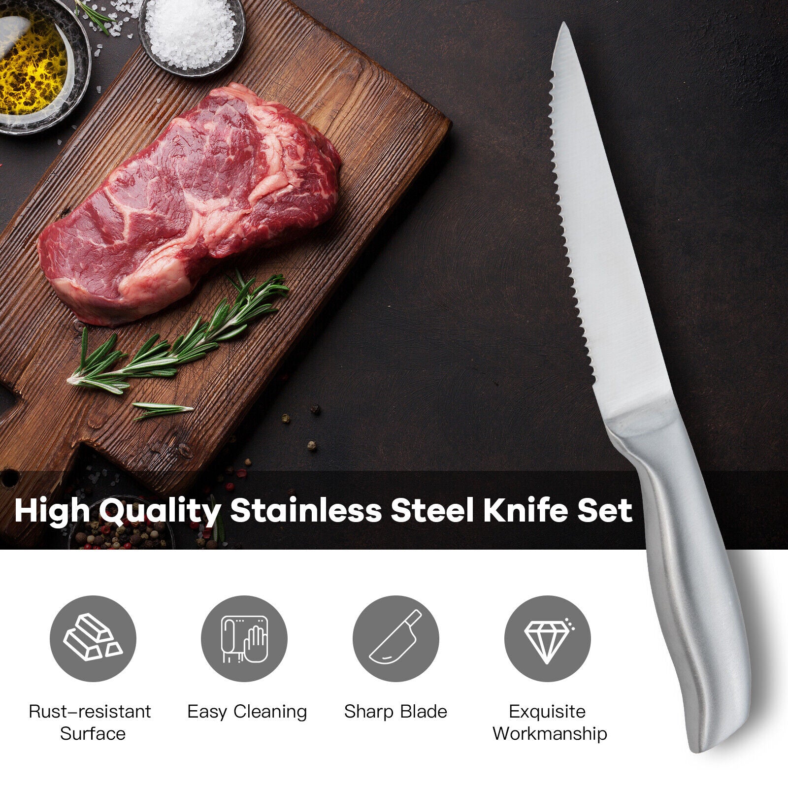 Kitcheniva Stainless Steel Versatile 14-Pcs Knife Set with Wooden Block