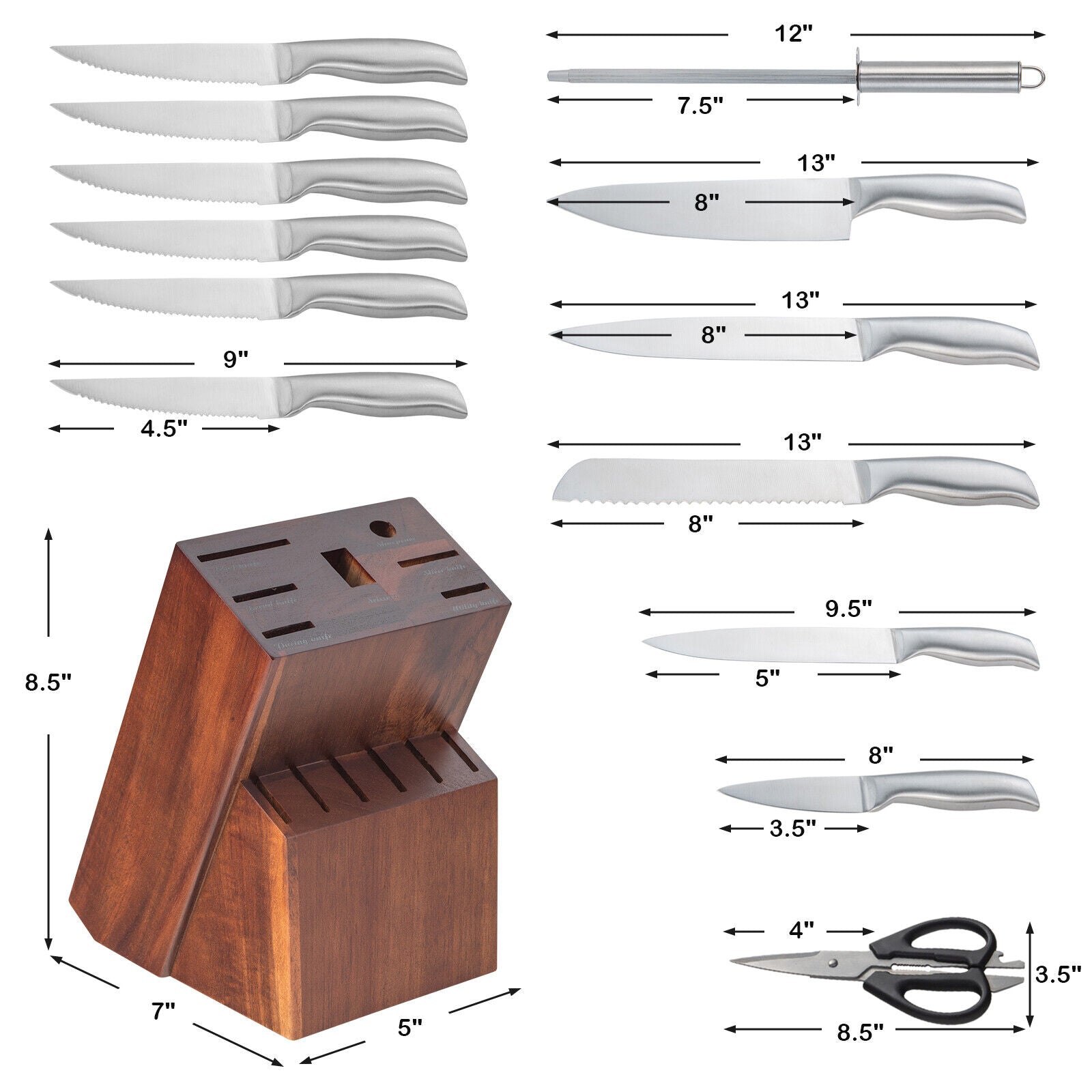 Kitcheniva Stainless Steel Versatile 14-Pcs Knife Set with Wooden Block