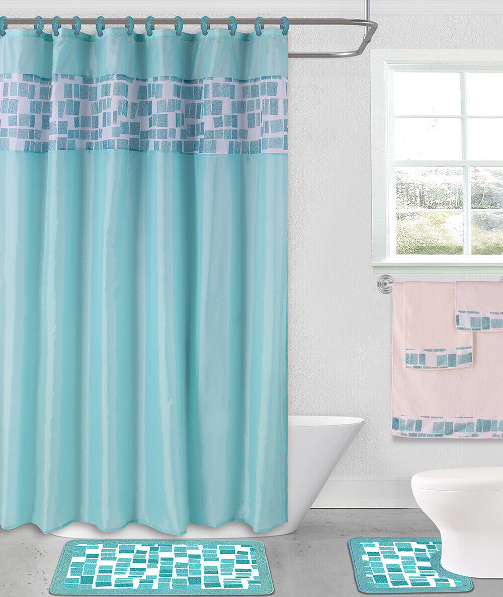 Windowtreatment 4-Piece Set Bathroom Bath Mat Rug Shower Curtain 2-Tone