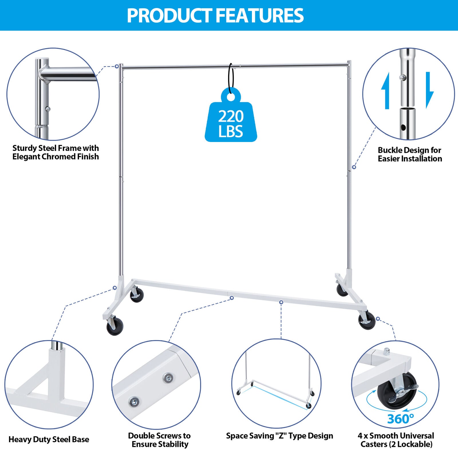 Kitcheniva Heavy Duty Metal Rolling Clothes Garment Rack