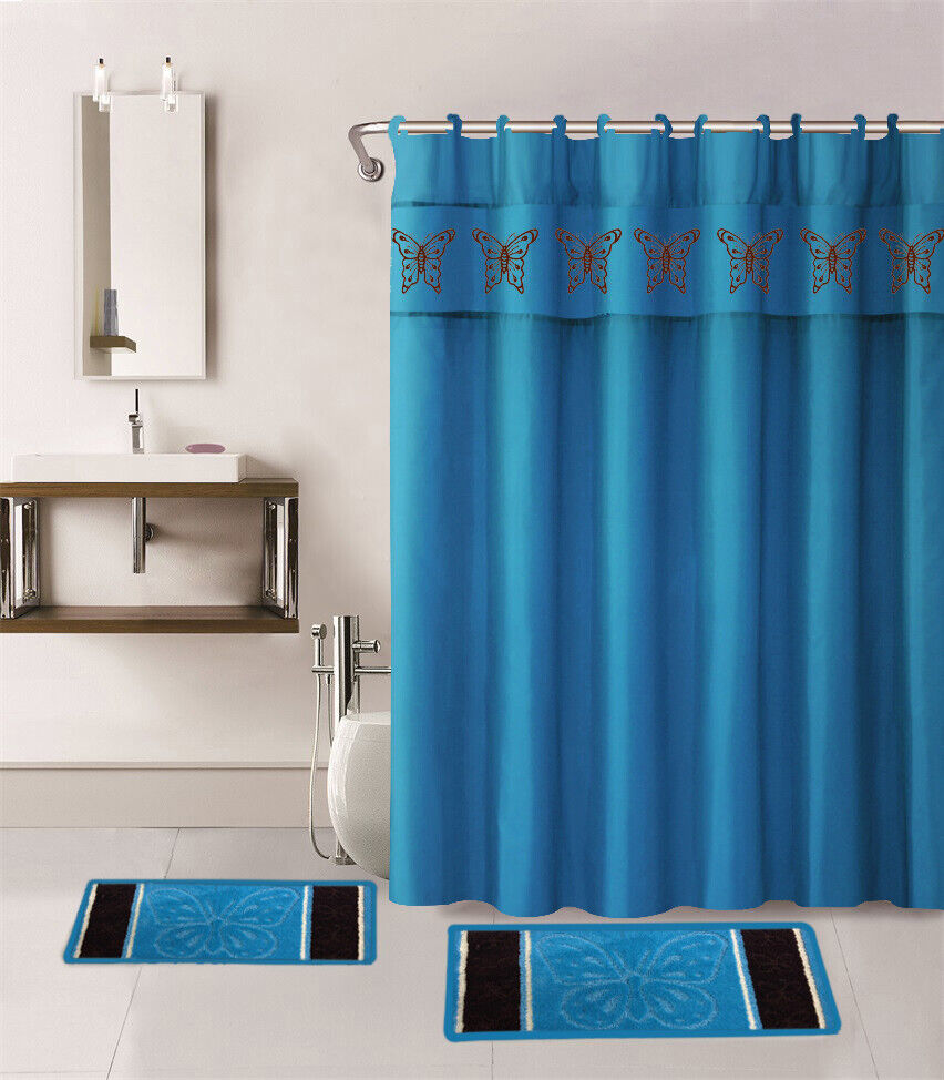 Windowtreatment 4-Piece Set Bathroom Bath Mat Rug Shower Curtain 2-Tone