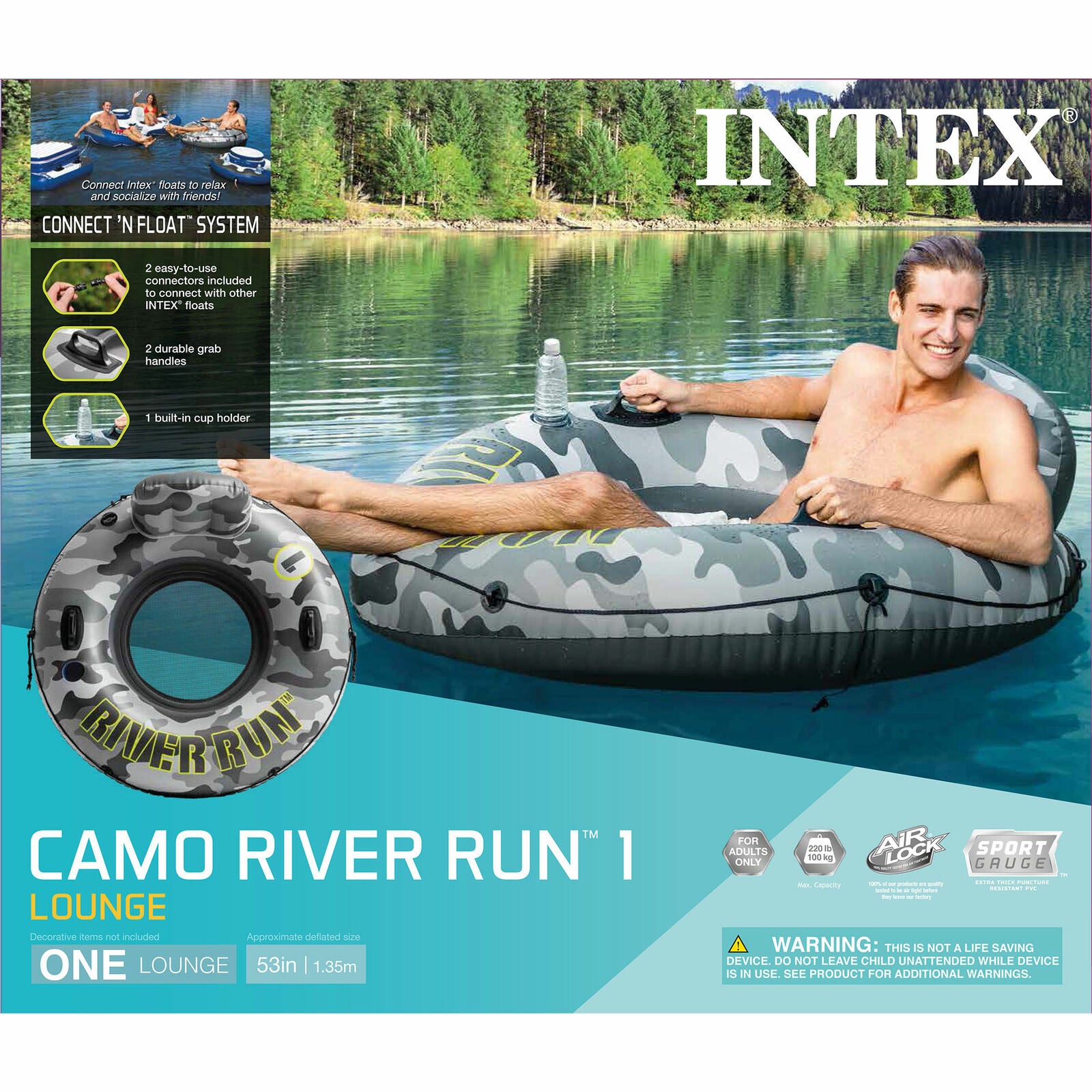 Kitcheniva River Run Camo Inflatable Floating Tube Raft With Cup Holders