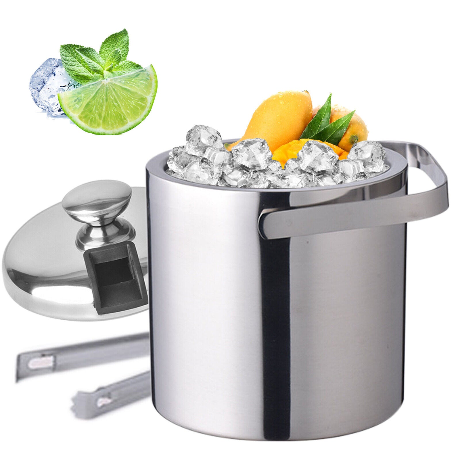 Kitcheniva Stainless-Steel Insulated Ice Bucket with Ice Tong and Lid 1.3L