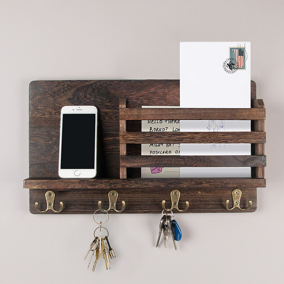 Kitcheniva Wall Mounted Wooden Mail Holder with 4 Double Key Hooks