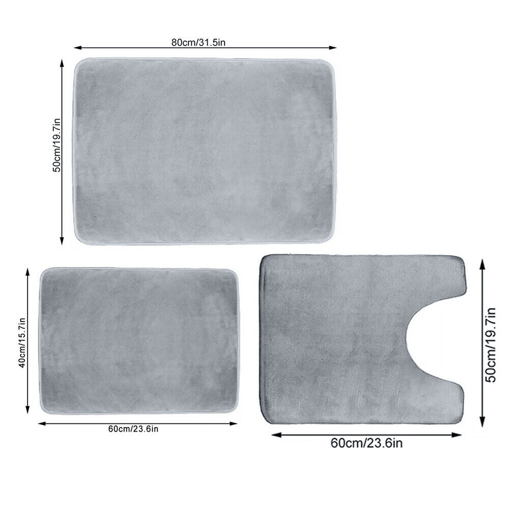 Kitcheniva Gray Memory Foam 3 PC Bathroom Rug Absorbent Bath Mat Set Non Slip Shower Rug