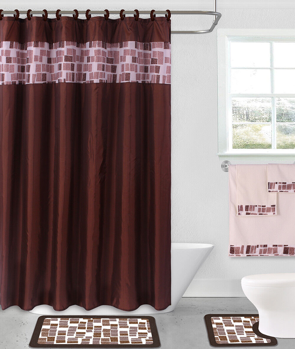 Windowtreatment 4-Piece Set Bathroom Bath Mat Rug Shower Curtain 2-Tone