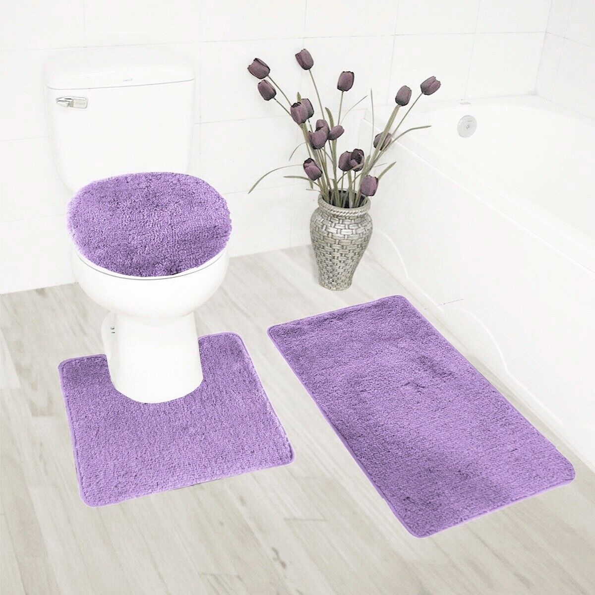 Kitcheniva 3-Piece Blue Bathroom Bath Mat Rug Set with Toilet Lid Cover Non-Slip