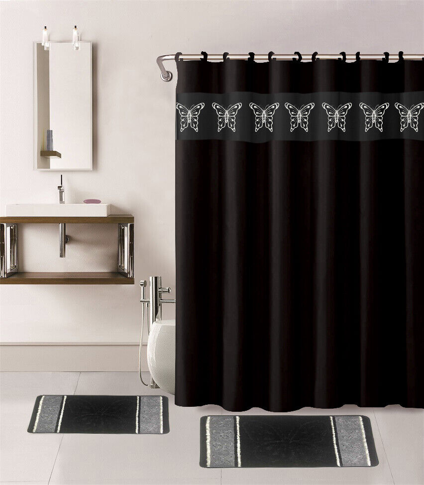 Windowtreatment 4-Piece Set Bathroom Bath Mat Rug Shower Curtain 2-Tone