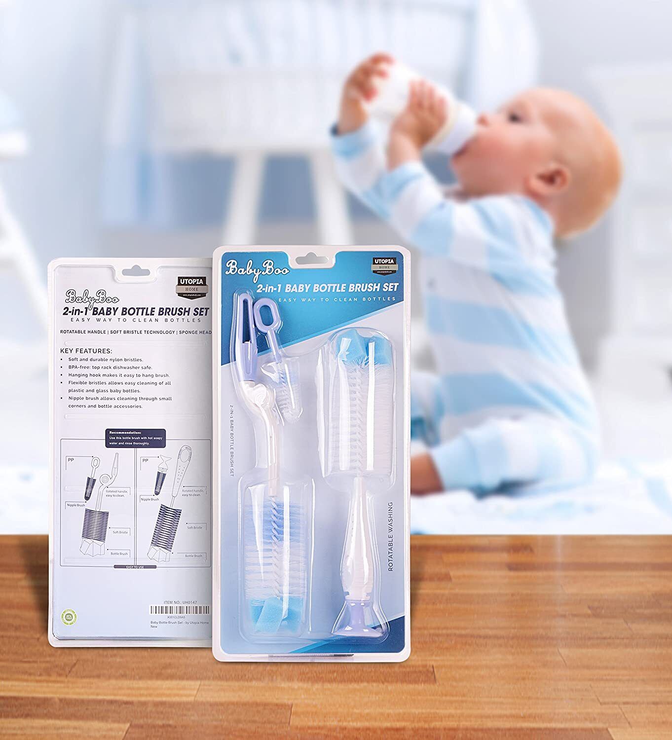 Kitcheniva 2 in 1 Baby Bottle Brush Set with Nipple Brush Rotatable Handle