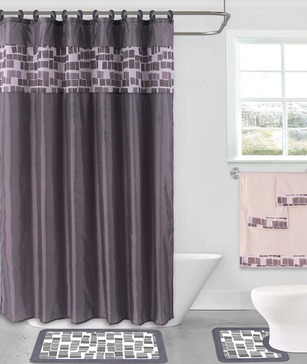 Windowtreatment 4-Piece Set Bathroom Bath Mat Rug Shower Curtain 2-Tone