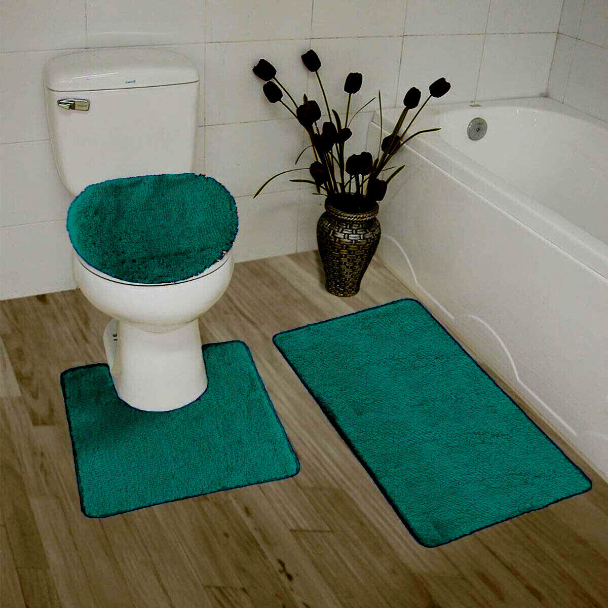 Kitcheniva 3-Piece Gray Bathroom Bath Mat Rug Set with Toilet Lid Cover Non-Slip