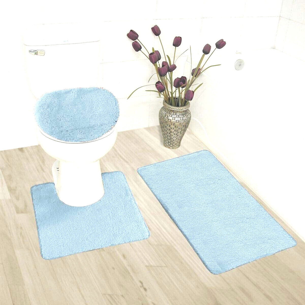 Kitcheniva 3-Piece Gray Bathroom Bath Mat Rug Set with Toilet Lid Cover Non-Slip